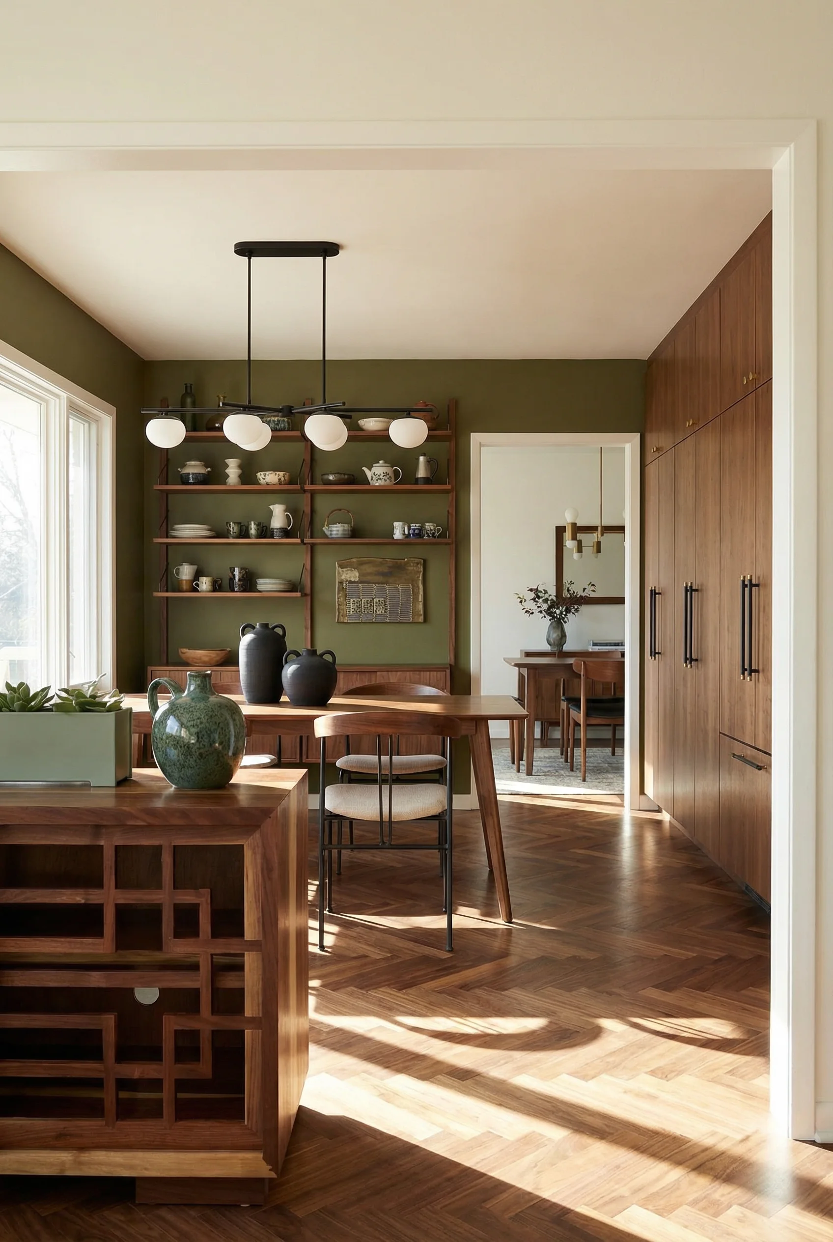 Mid century modern kitchen featuring gubi violin dining chair in walnut with visual comfort lune linear chandelier in black/white