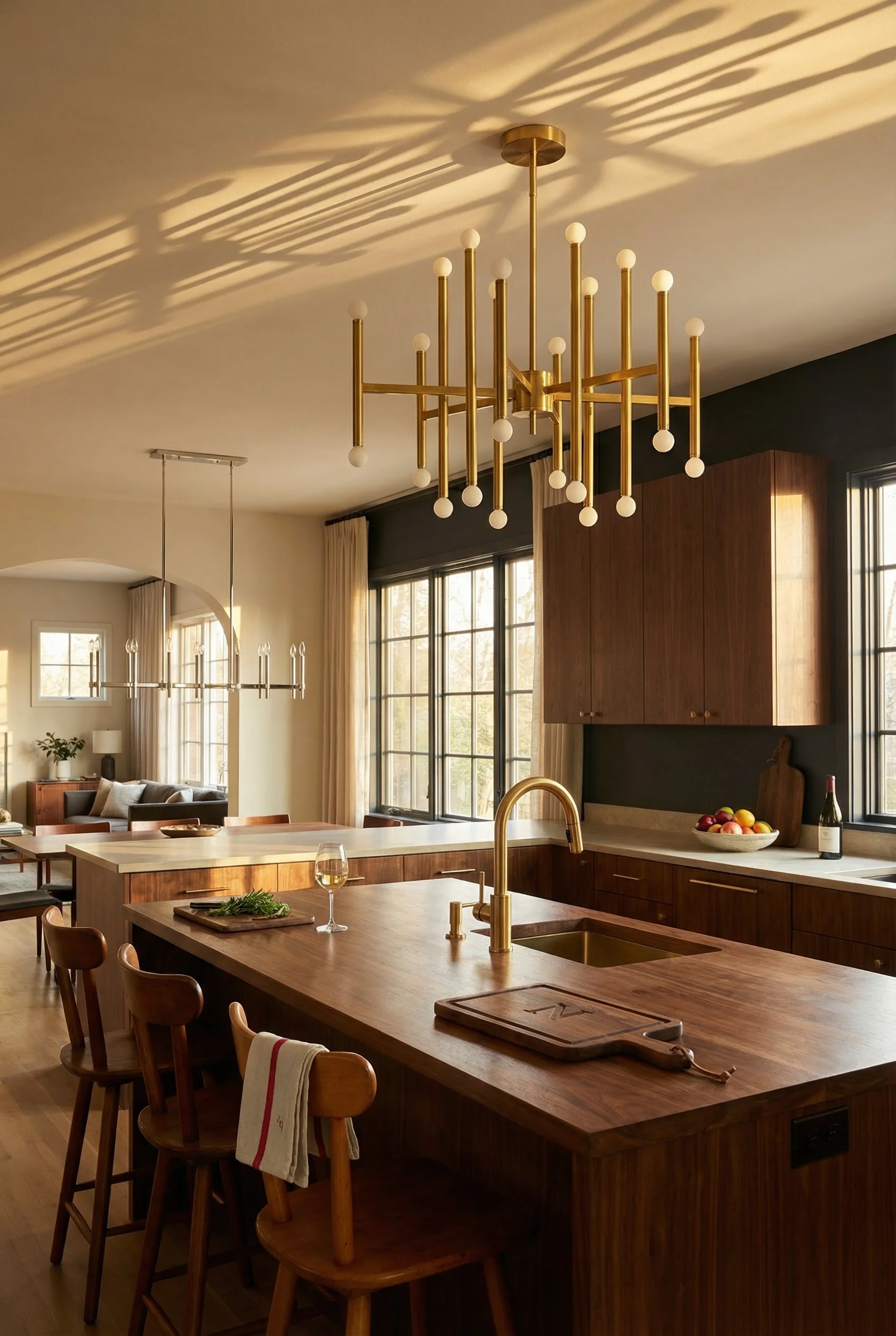 Mid century modern kitchen featuring hinkley euclid chandelier gold black with visual comfort beckham modern chandelier gold
