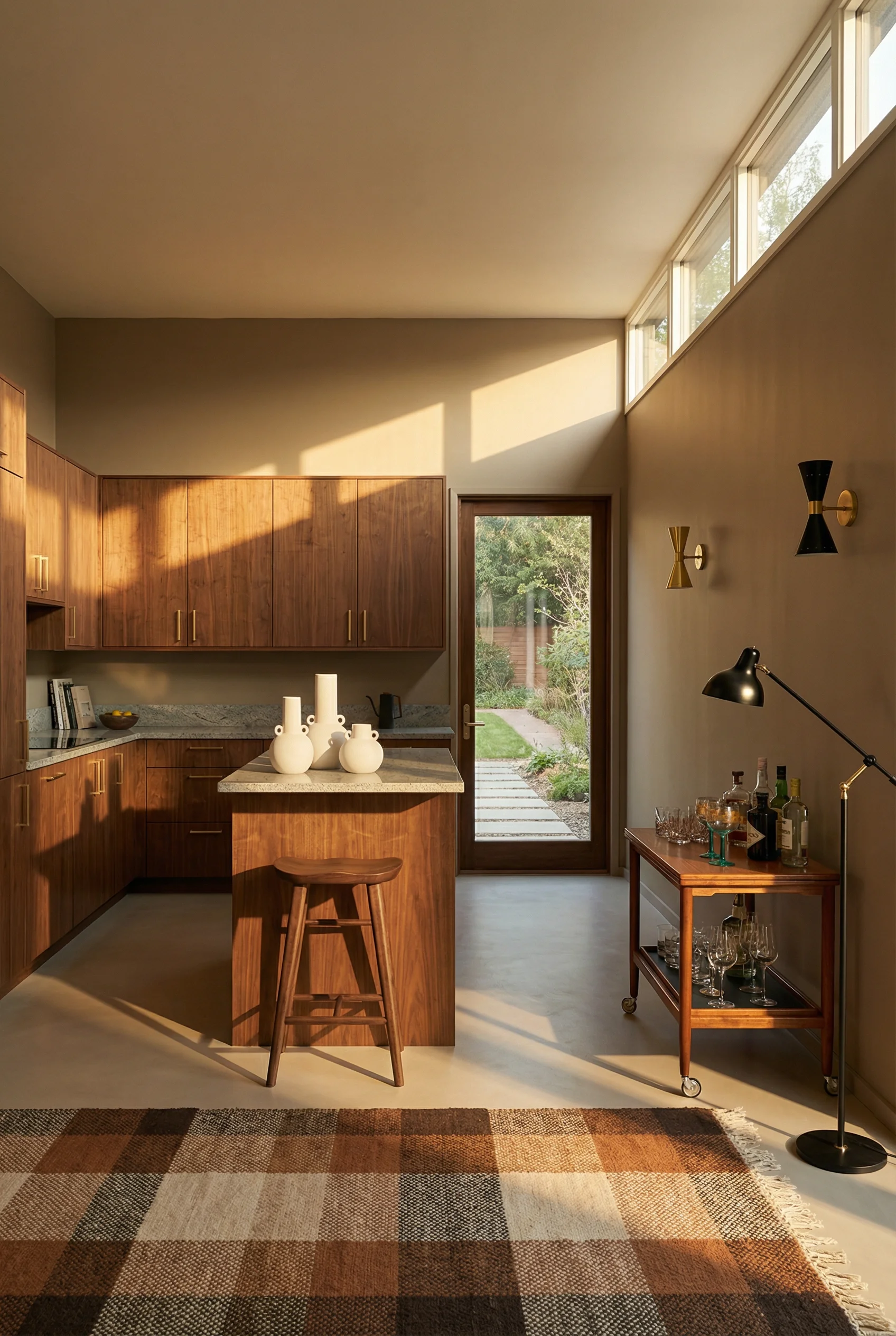 Mid century modern kitchen featuring lycvki walnut wood stationary kitchen island with pottery barn vira counter stool walnut