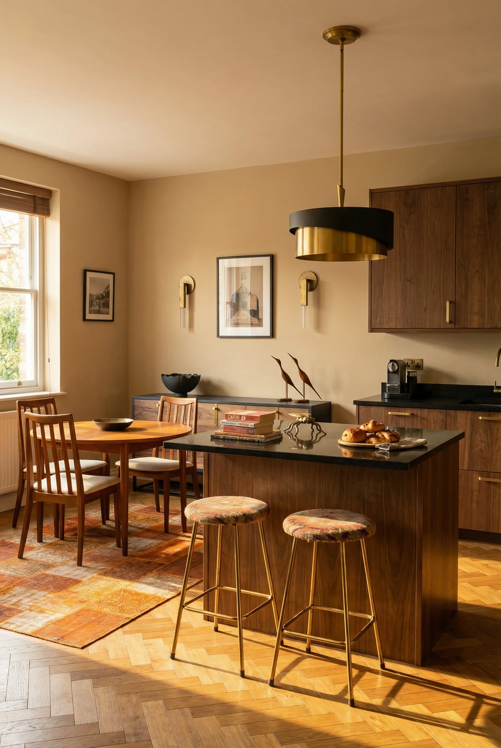Mid century modern kitchen featuring mid-century teak dining chairs by g-plan set of 6 with fredrick ramond gigi pendant light in black/brown