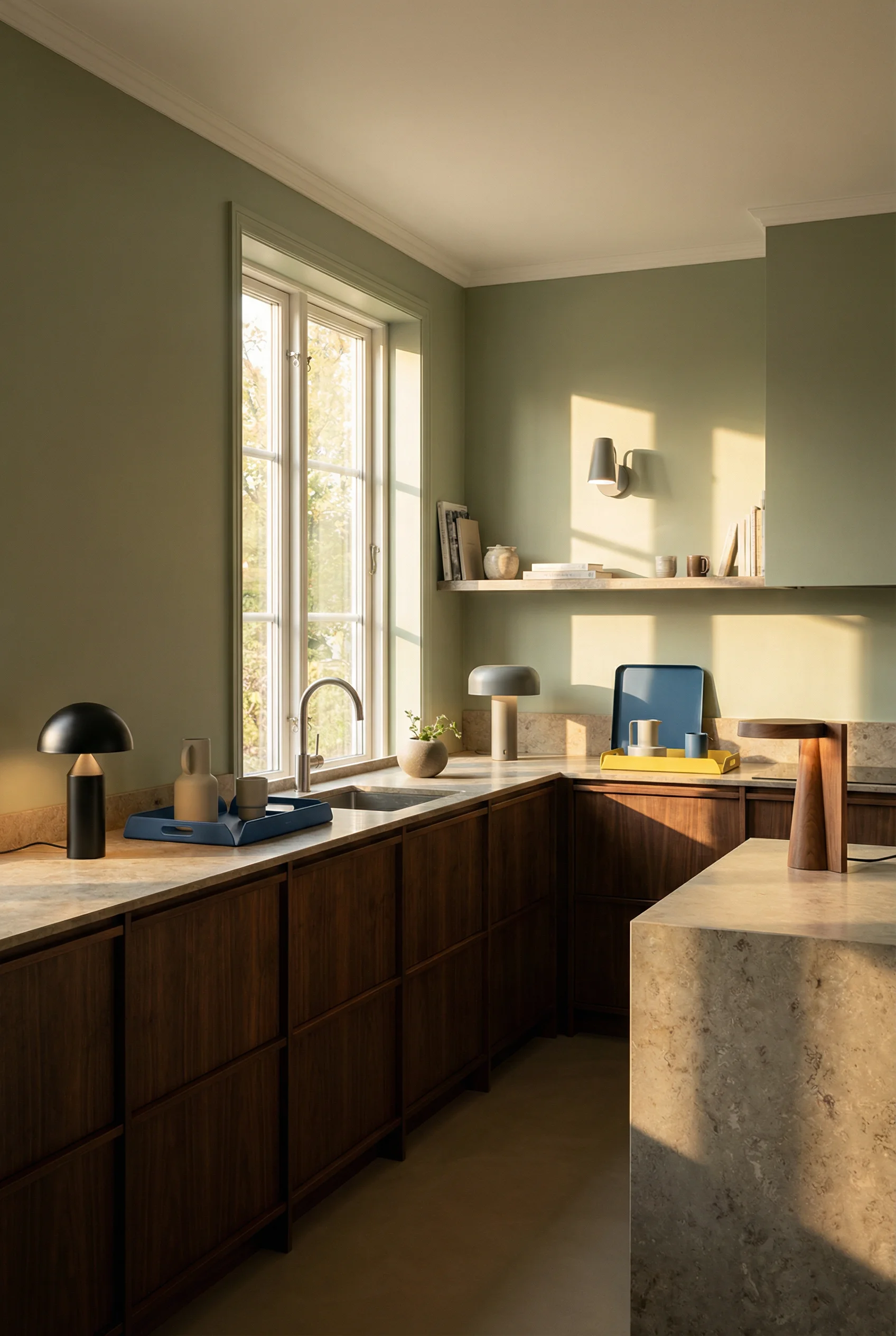 Mid century modern kitchen featuring sage green walls with matte surface table lamps and walnut counters