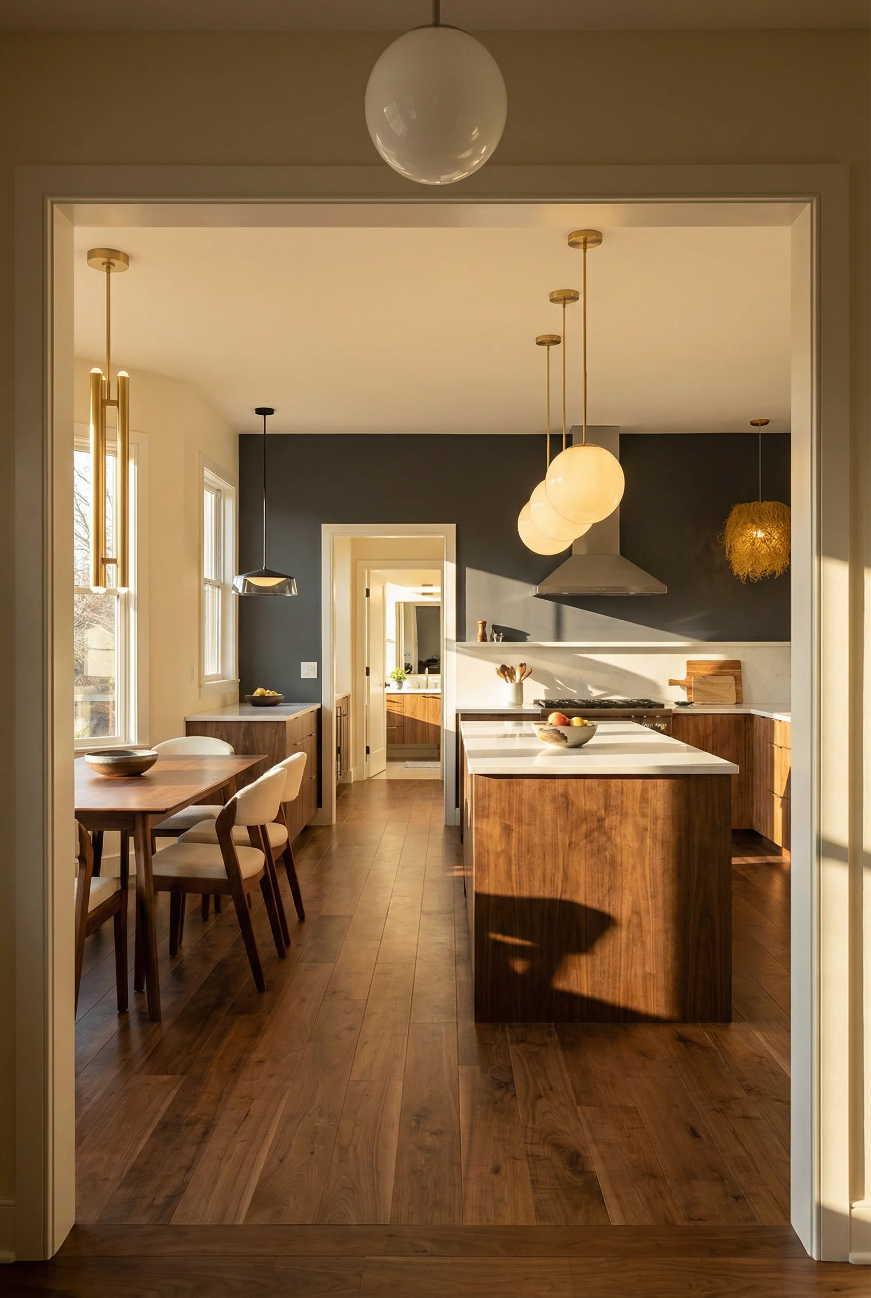 Mid century modern kitchen featuring visual comfort ebell double led pendant gold with visual comfort ebell double led pendant silver