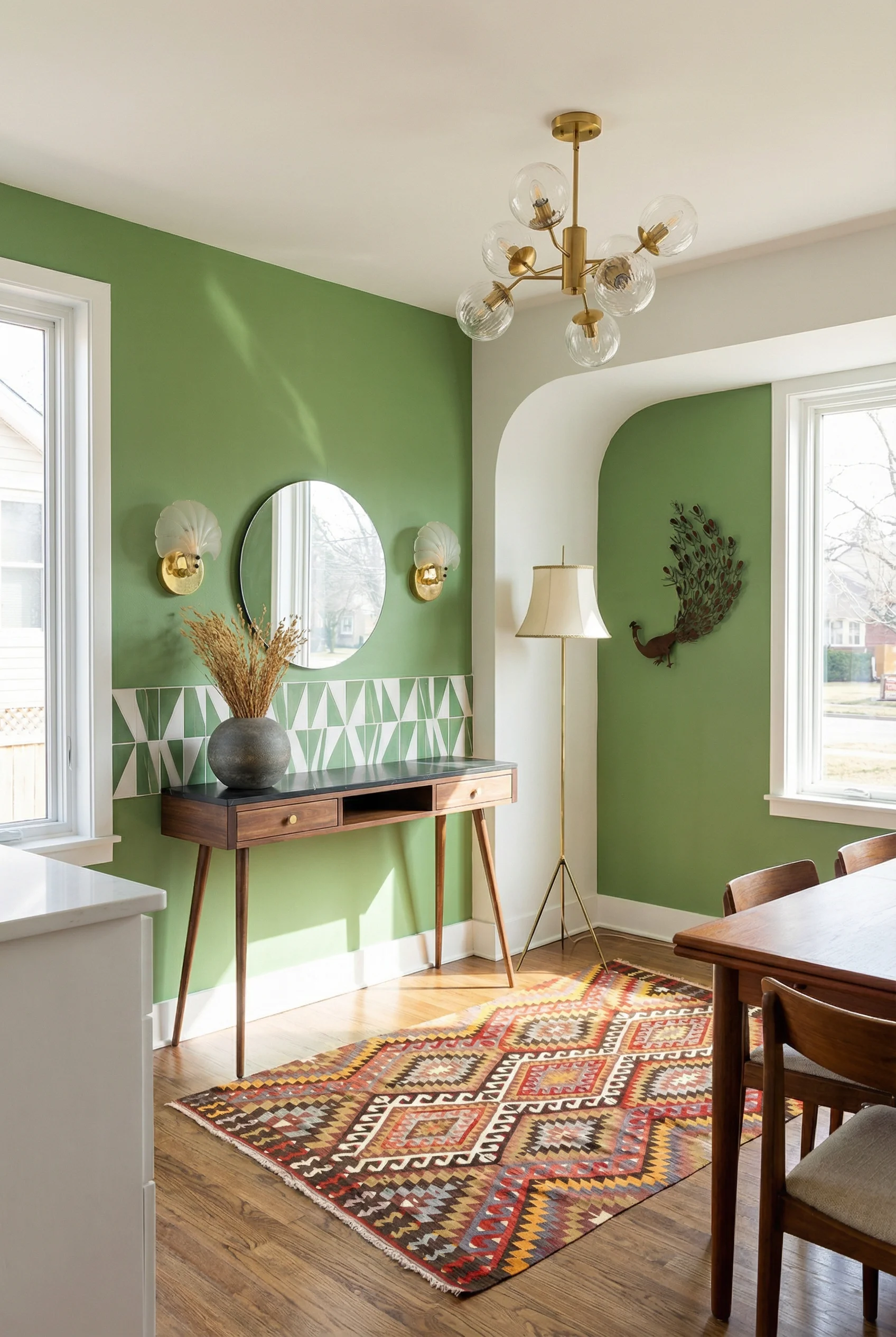Mid century modern kitchen featuring walnut console table marble top mcm style with rare tripod mid century german floor lamp brass