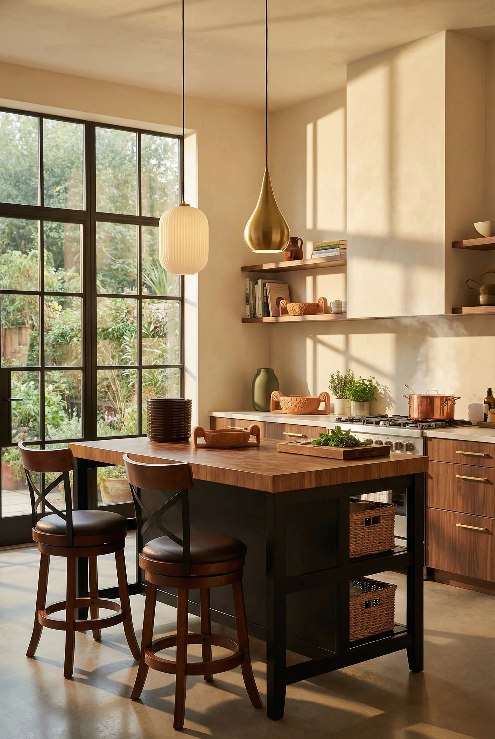 Mid century modern kitchen featuring walnut butcher block island with brass globe pendant lights