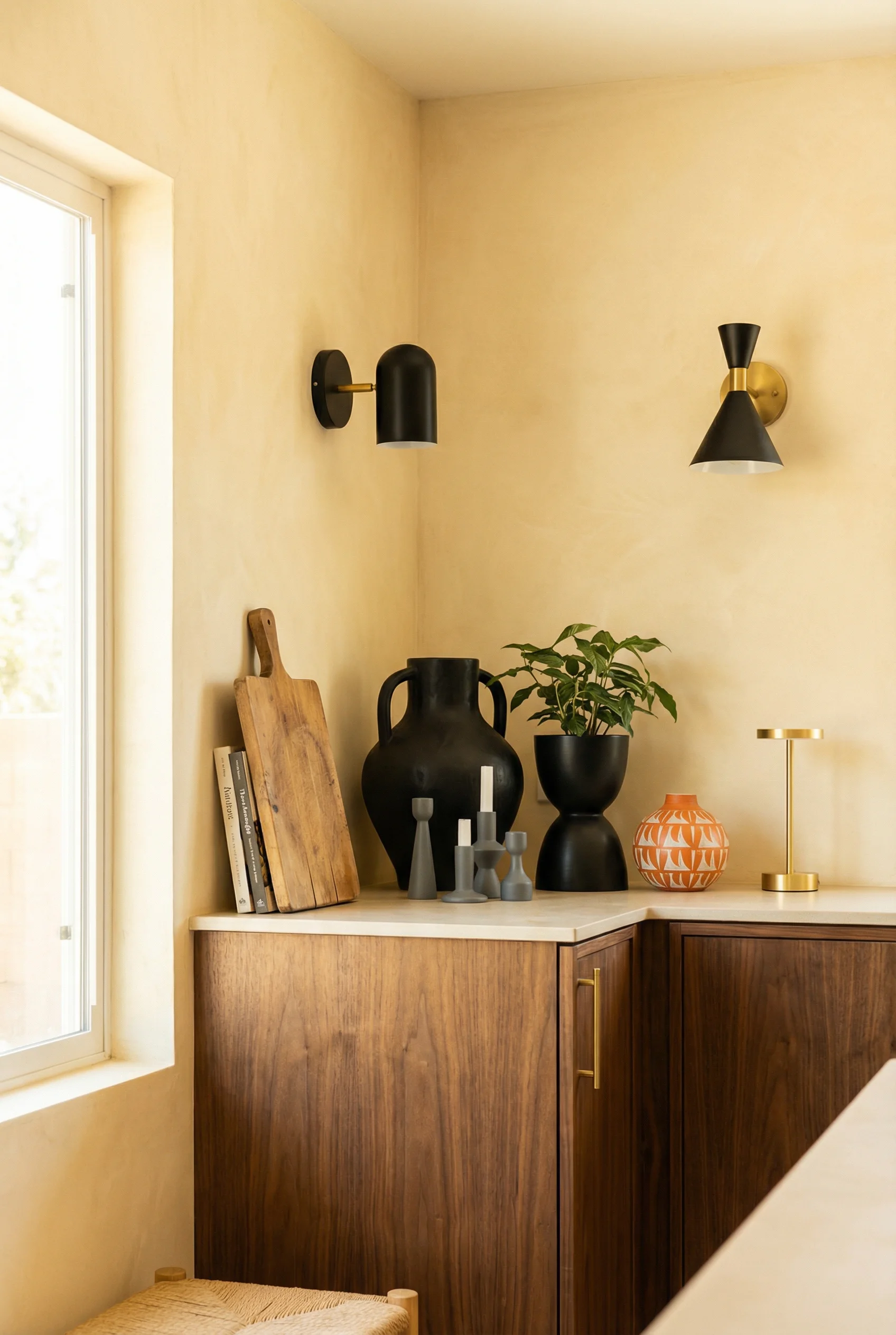 Mid century modern kitchen featuring warm cream walls with black sculptural vases and walnut cabinets