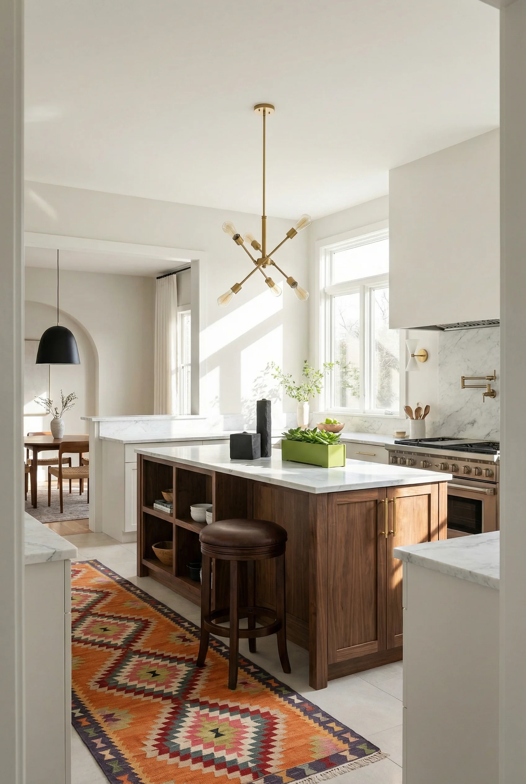 Mid century modern kitchen featuring wood kitchen island walnut with walnut counter stool leather swivel