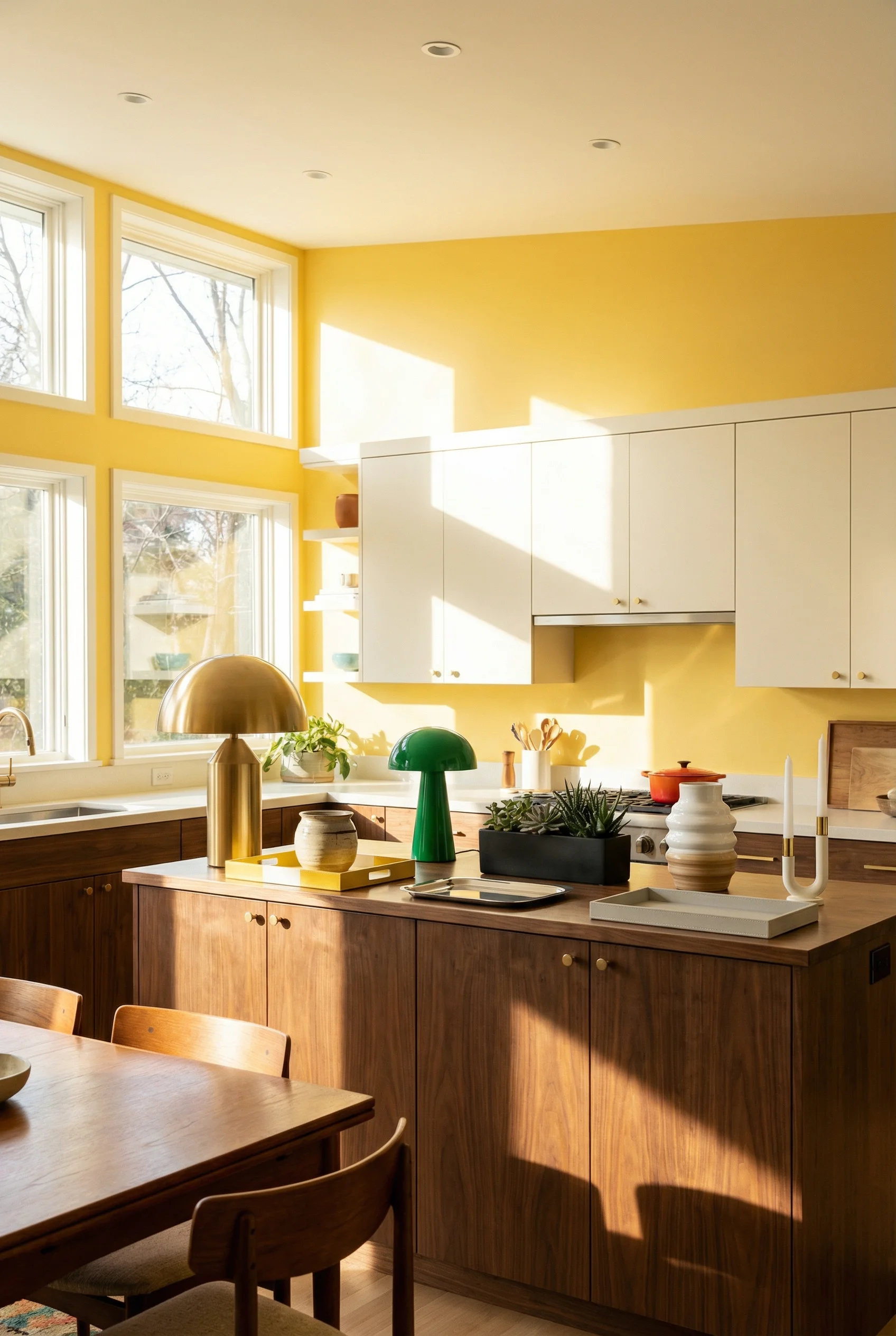 Mid century modern kitchen featuring sunny yellow walls with two-tone walnut and white cabinetry