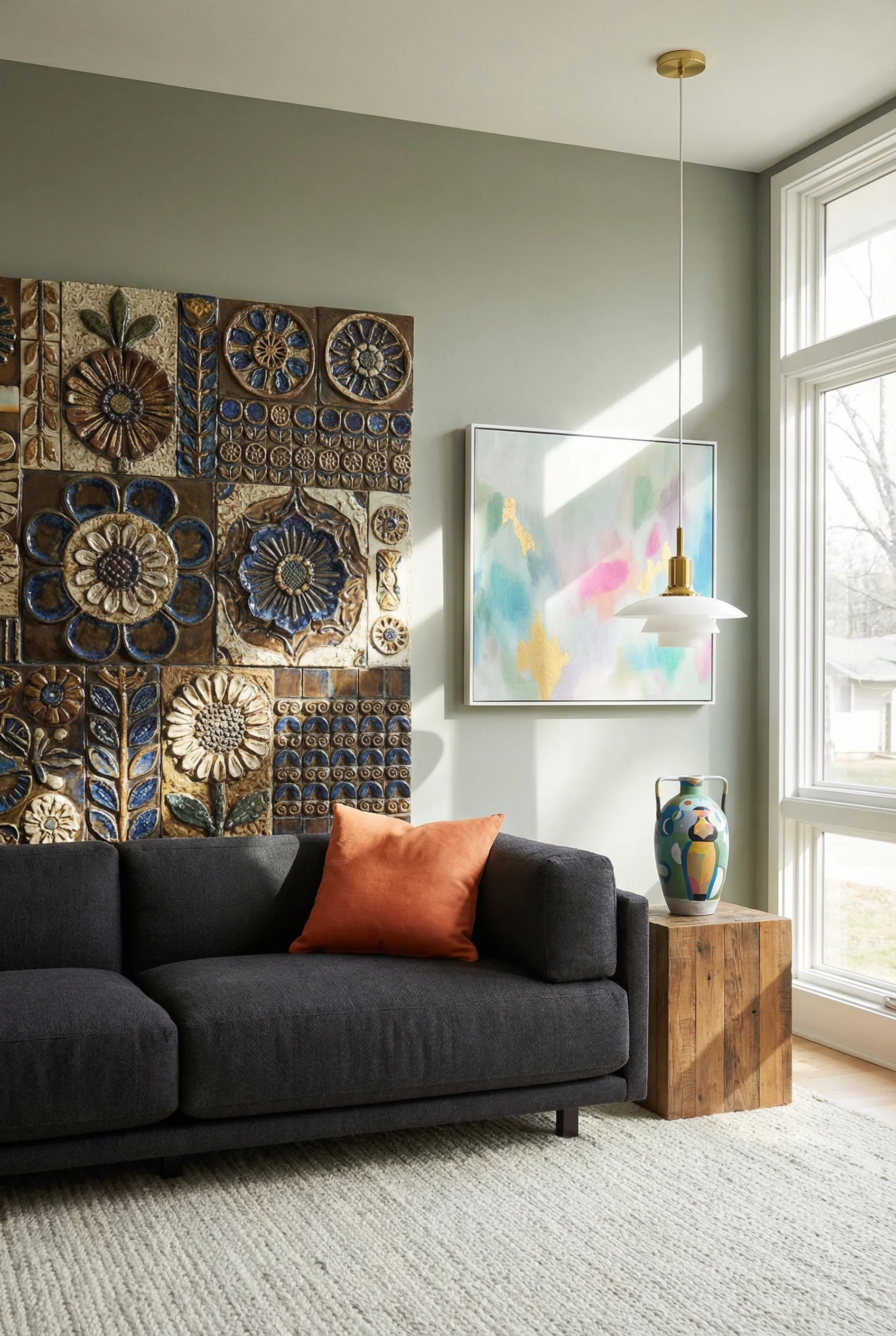 Mid Century Modern Living Room featuring Blu Dot Sunday Sofa with Louis Poulsen PH 3 1/2-3 Glass Pendant Light