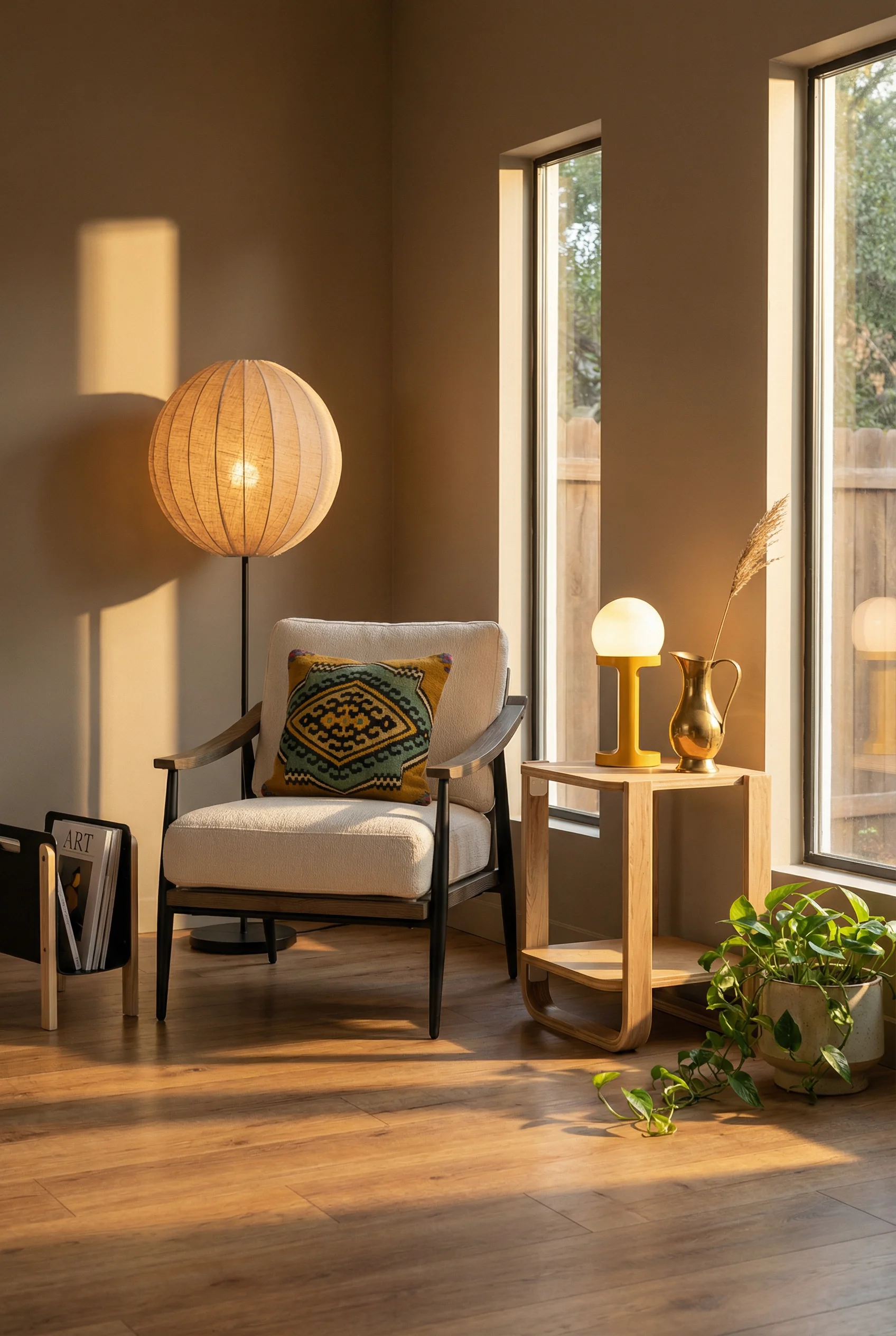 Mid Century Modern Living Room featuring Four Hands Kennedy Lounge Chair with Handmade Jug/Vase Pitcher Vintage Solid Brass