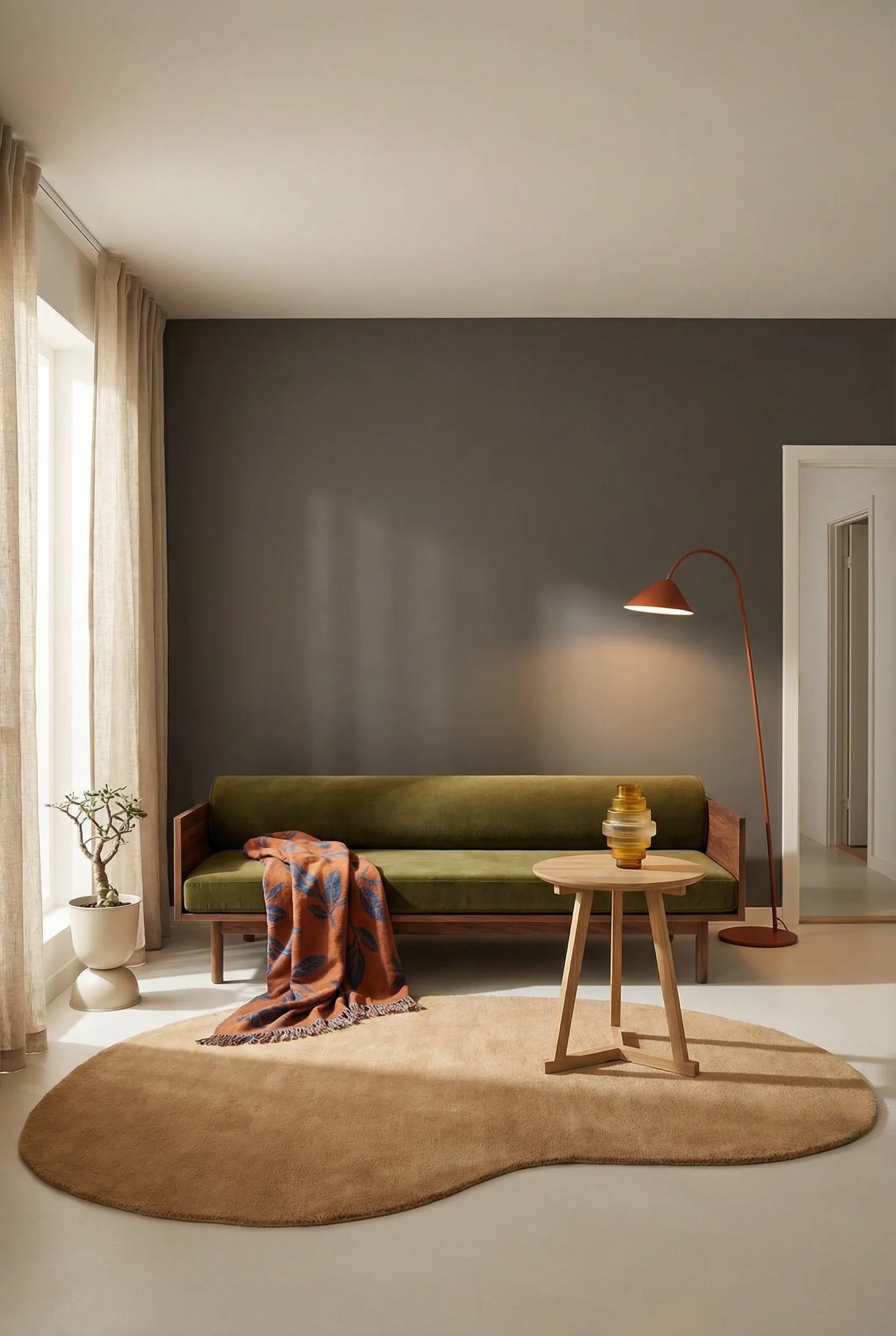 Mid Century Modern Living Room featuring Blu Dot Souvenir Sofa with Ferm Living Forma Wool Rug