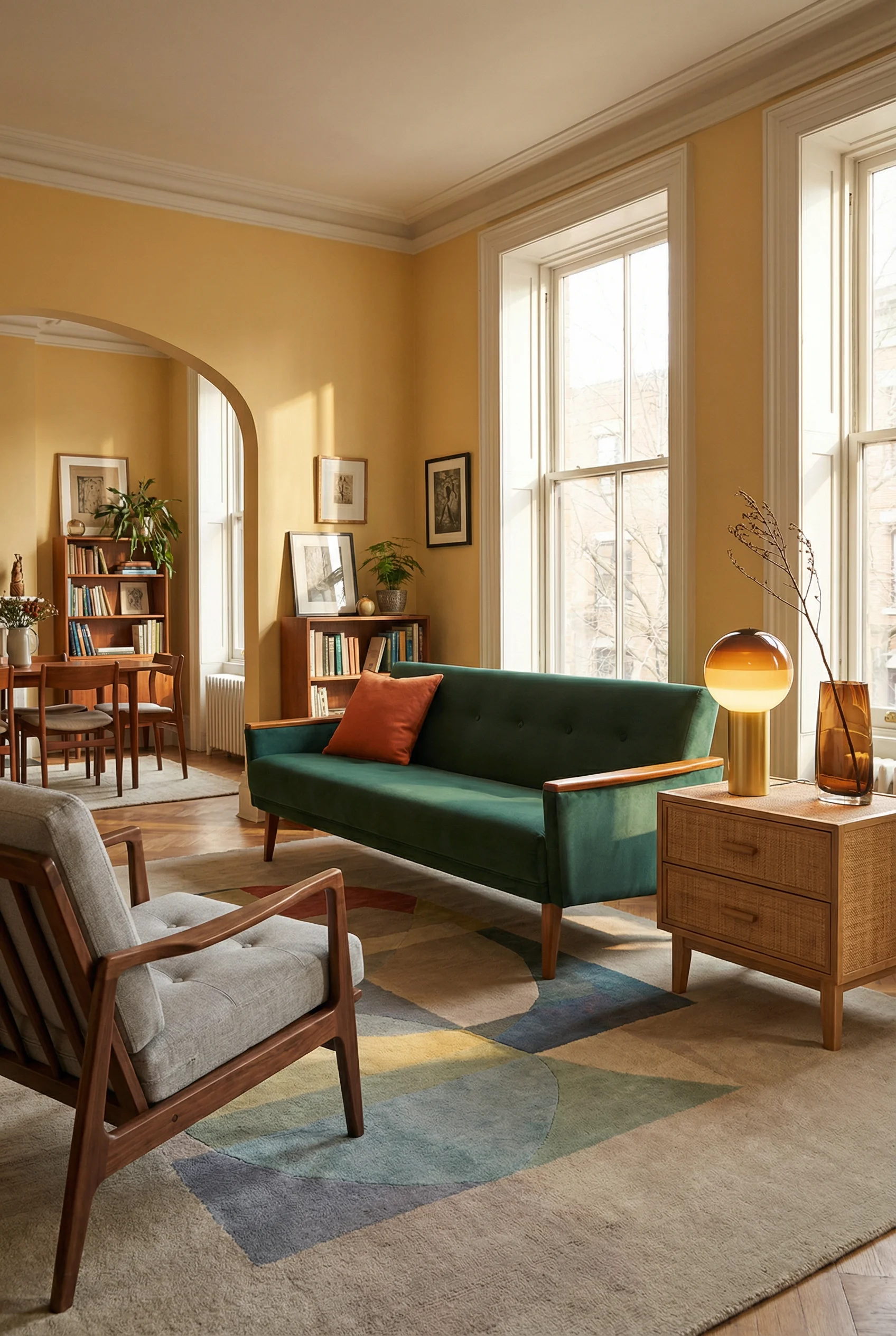 Mid Century Modern Living Room featuring Danish Teak Vintage Inspired Model 55 Sofa with Chandra Bense 3010 Patterned Wool Area Rug