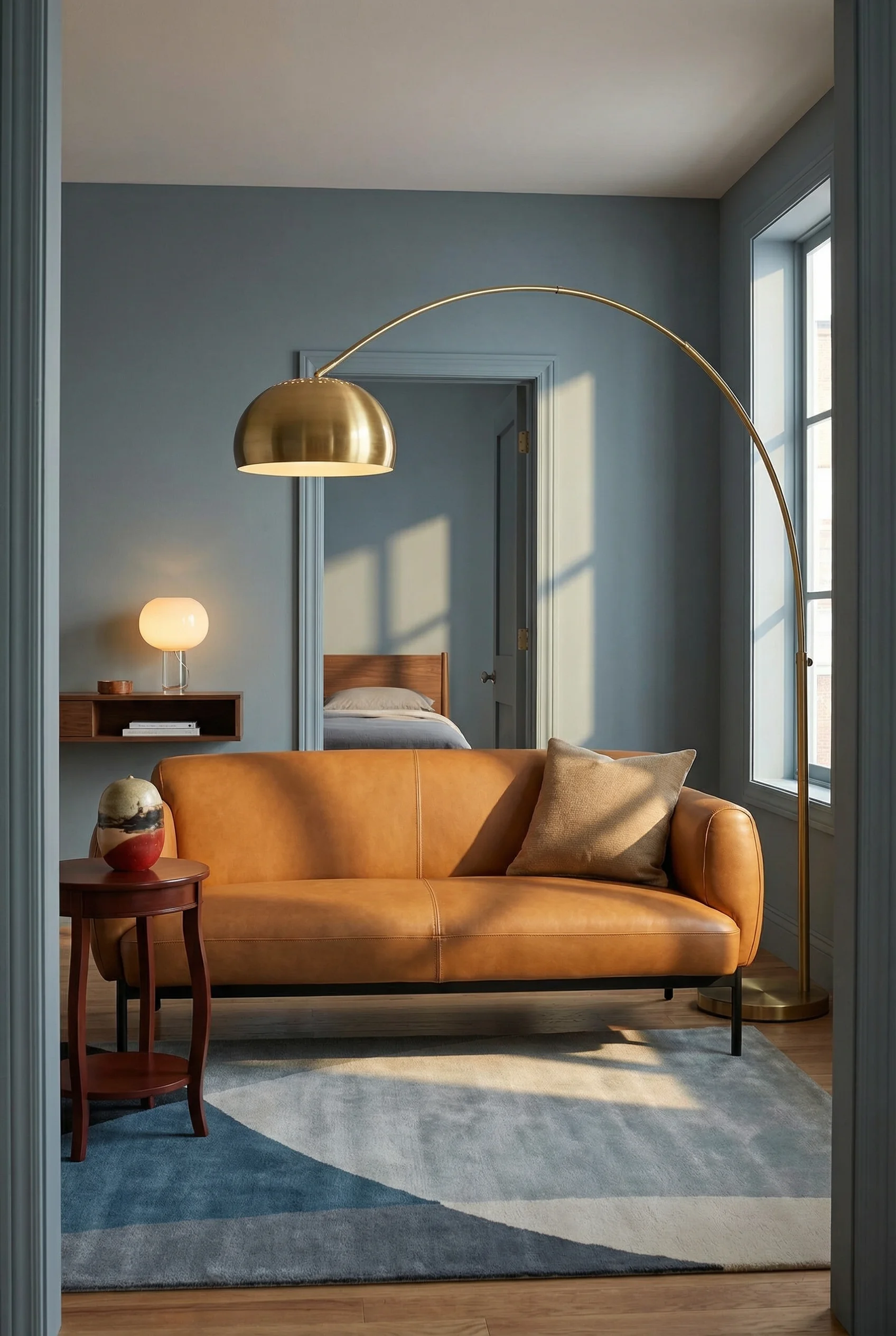 Mid Century Modern Living Room featuring Blu Dot Puff Sofa with Chandra Bense 3003 Patterned Wool Area Rug