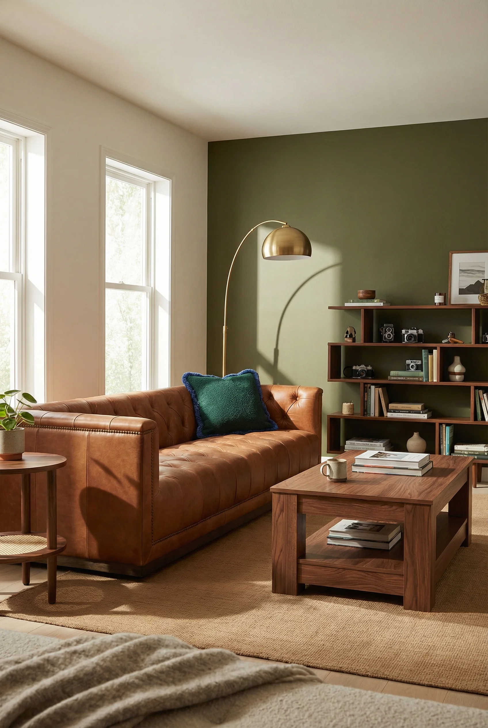 Mid Century Modern Living Room featuring Four Hands Maxx Sofa with Lorena Canals Handloom Area Rug