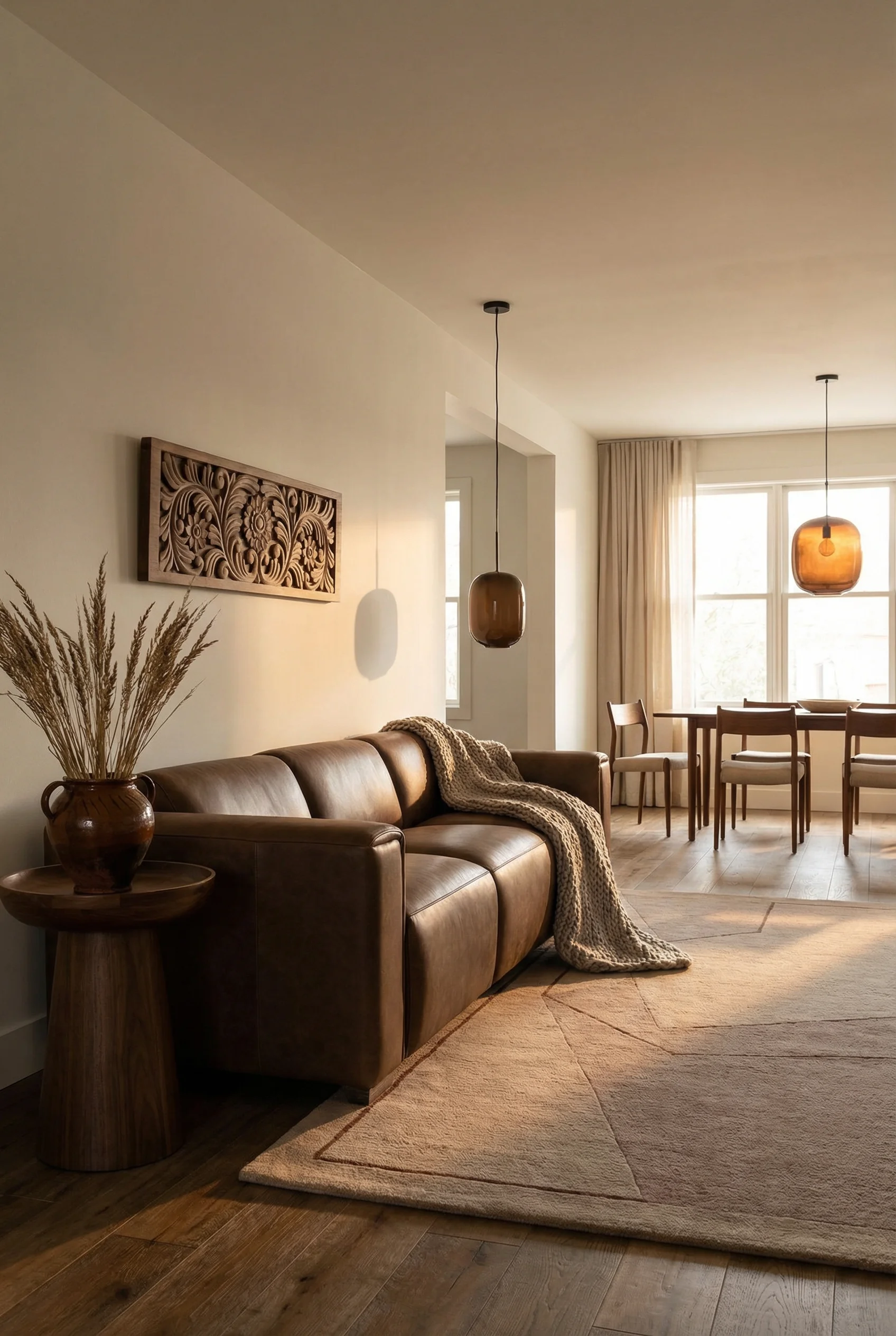 Mid Century Modern Living Room featuring Bernhardt Billings Power Motion Sofa with Cappellini Arya Pendant Light