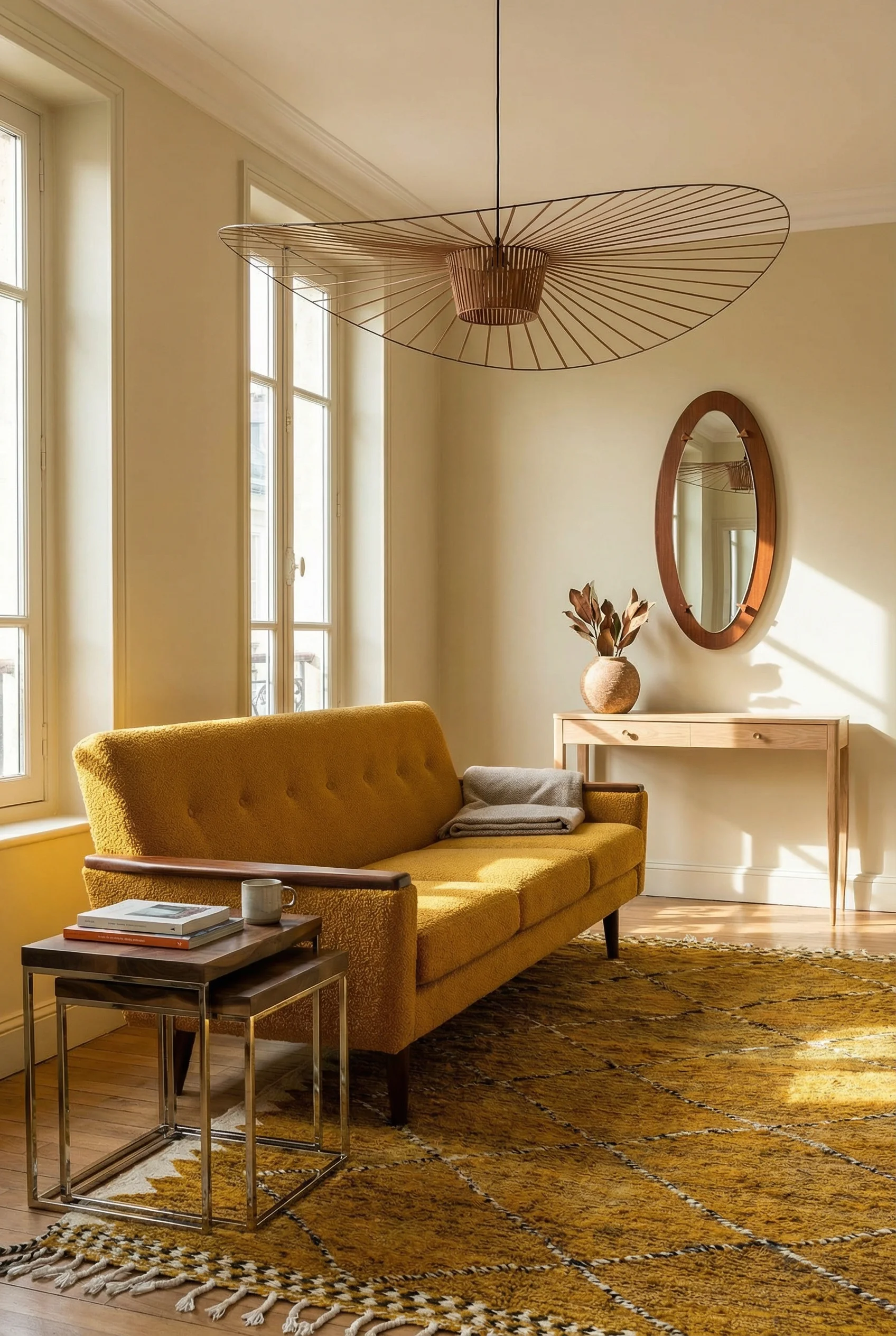 Mid Century Modern Living Room featuring Model 55 Danish Teak Inspired Mid Century 3 Seat Sofa with Petite Friture Vertigo Pendant Light