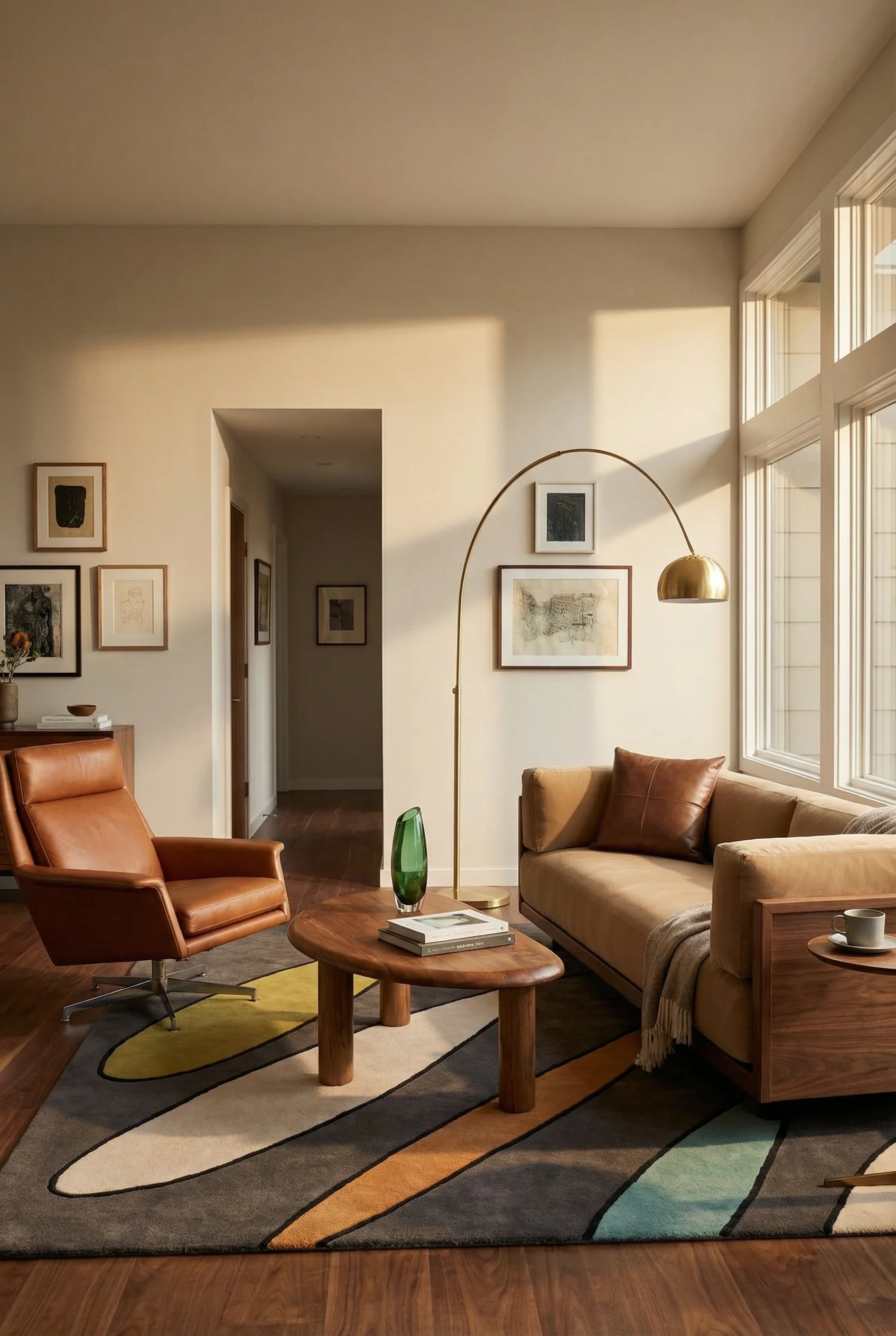 Mid Century Modern Living Room featuring Blu Dot Sunday Sofa with Chandra Bense 3020 Patterned Wool Area Rug