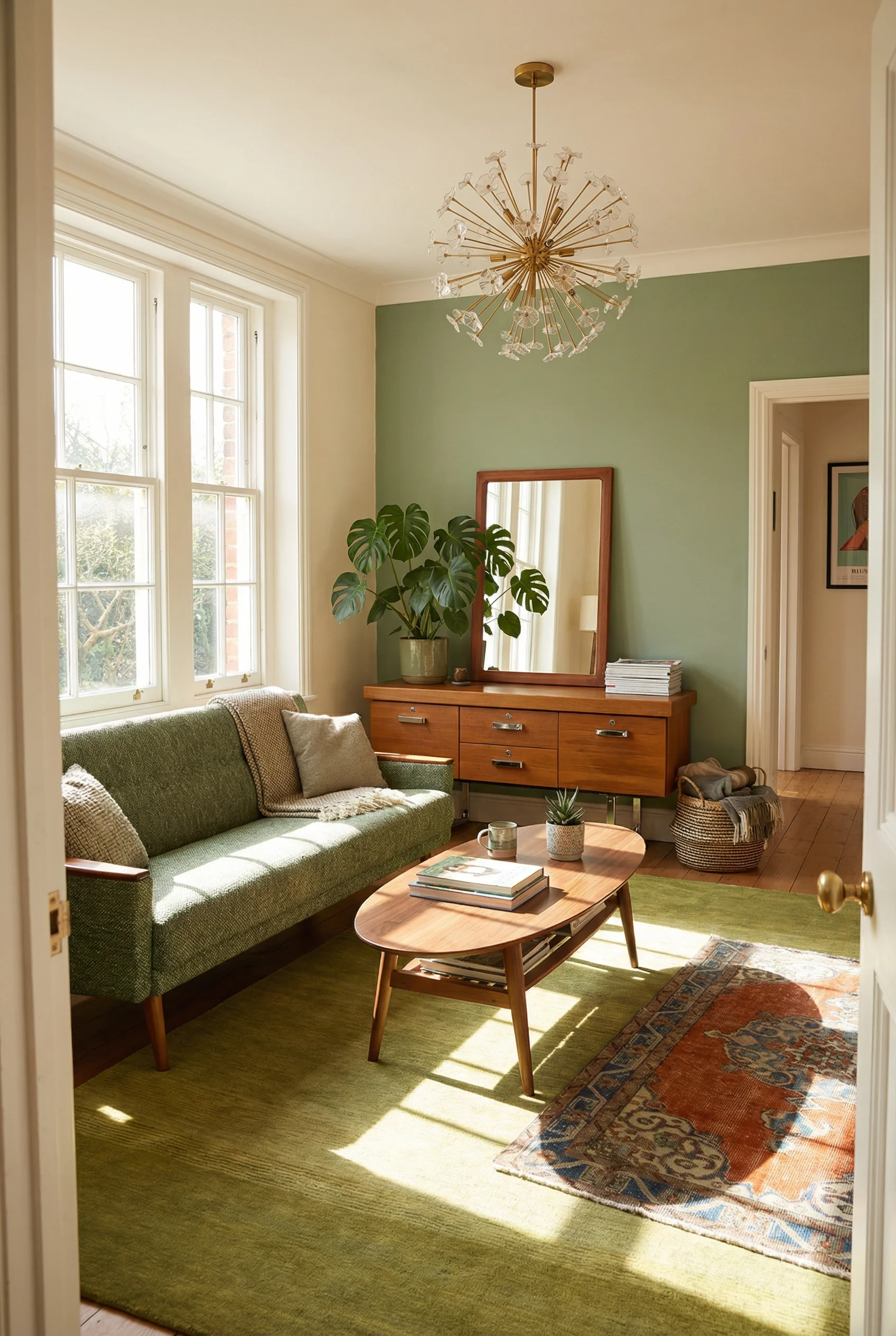 Mid Century Modern Living Room featuring Danish Vintage Style Model 55 Mid Century 3 Seat Sofa with Handmade Brass Urchin Sputnik Chandelier Mid Ce...