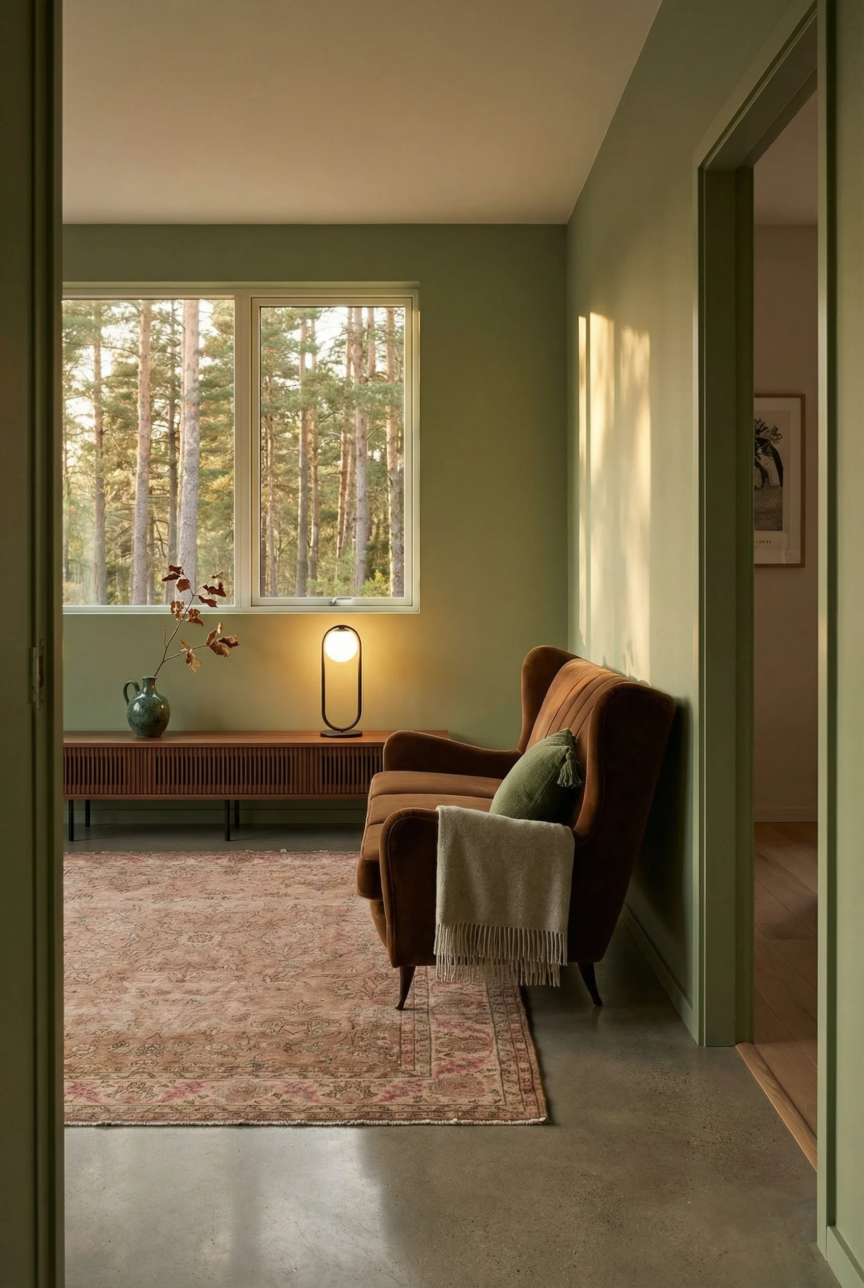Mid Century Modern Living Room featuring Isa Bergamo Sofa Velvet 1950s with Floral Oushak Rug Antique Turkish Hand-Knotted Wool 8x11