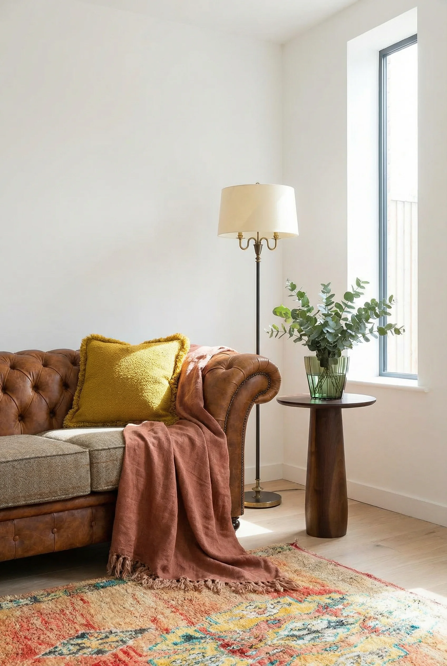 Mid Century Modern Living Room featuring Chesterfield Belmont Leather and Harris Tweed Sofa Vintage Tan with Handmade Multicolored Wool Berber Rug ...