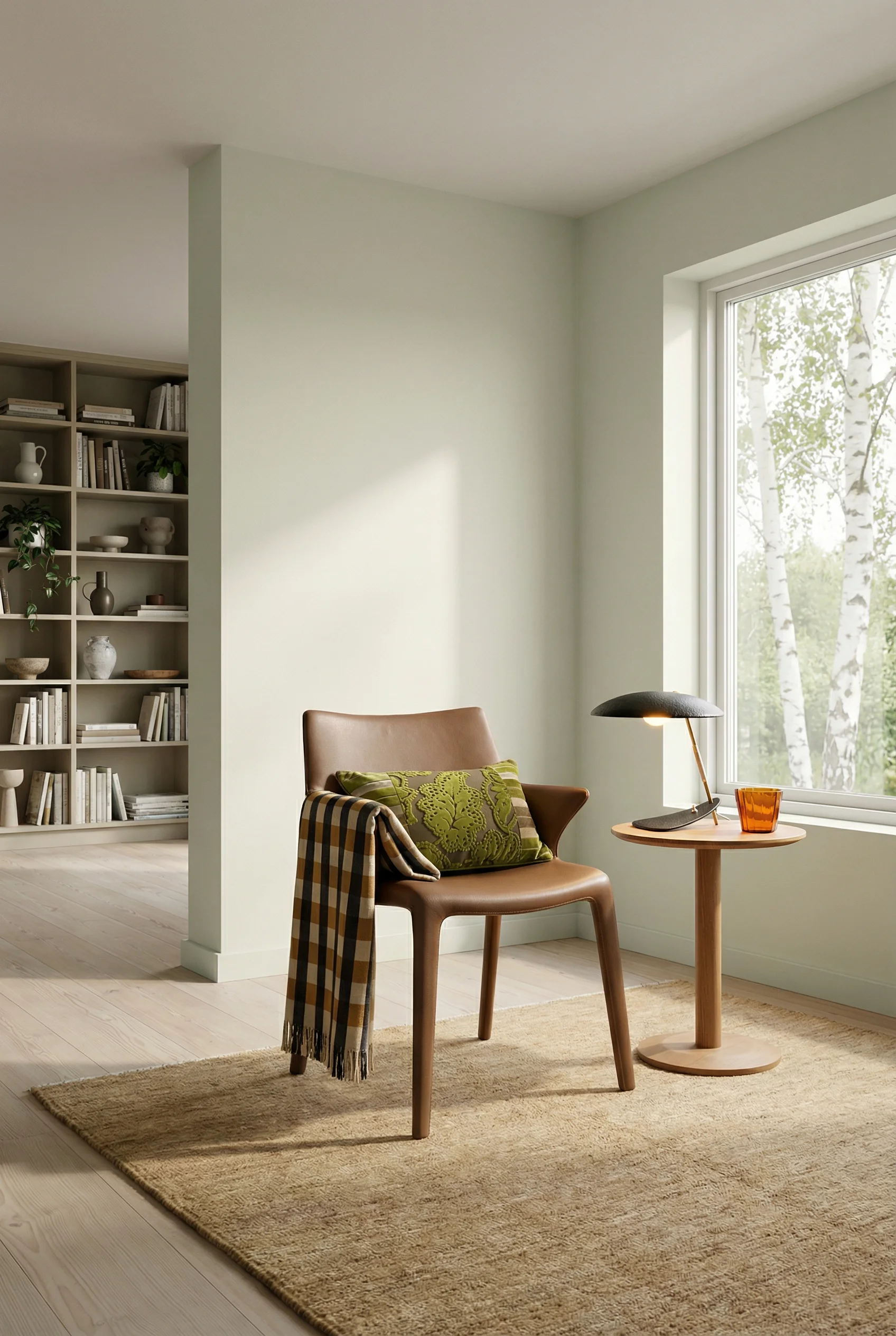 Mid Century Modern Living Room featuring Driade Lou Eat Armchair with 8x10 Gabbeh Area Rug Light Brown Striped Natural Dye Wool