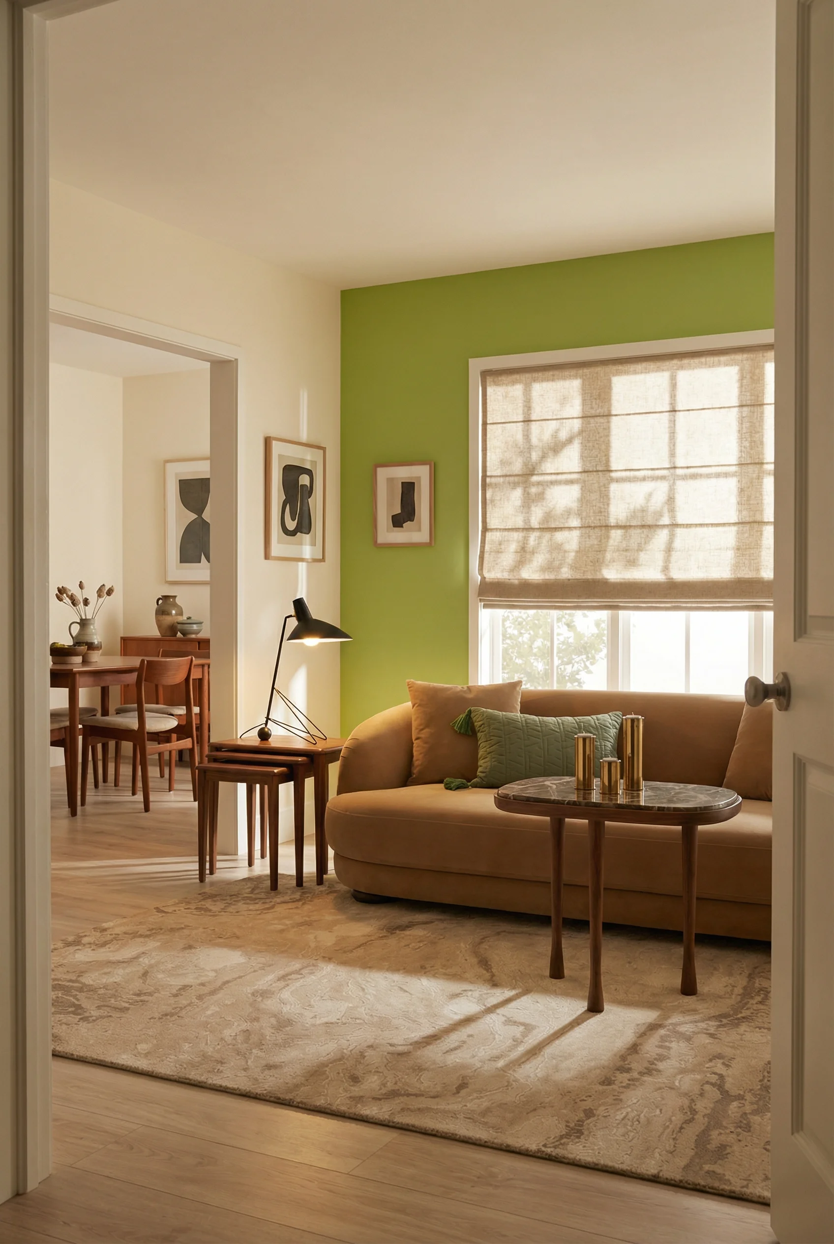 Mid Century Modern Living Room featuring Sunpan Valentina Sofa with Exquisite Rugs Saccara Area Rug