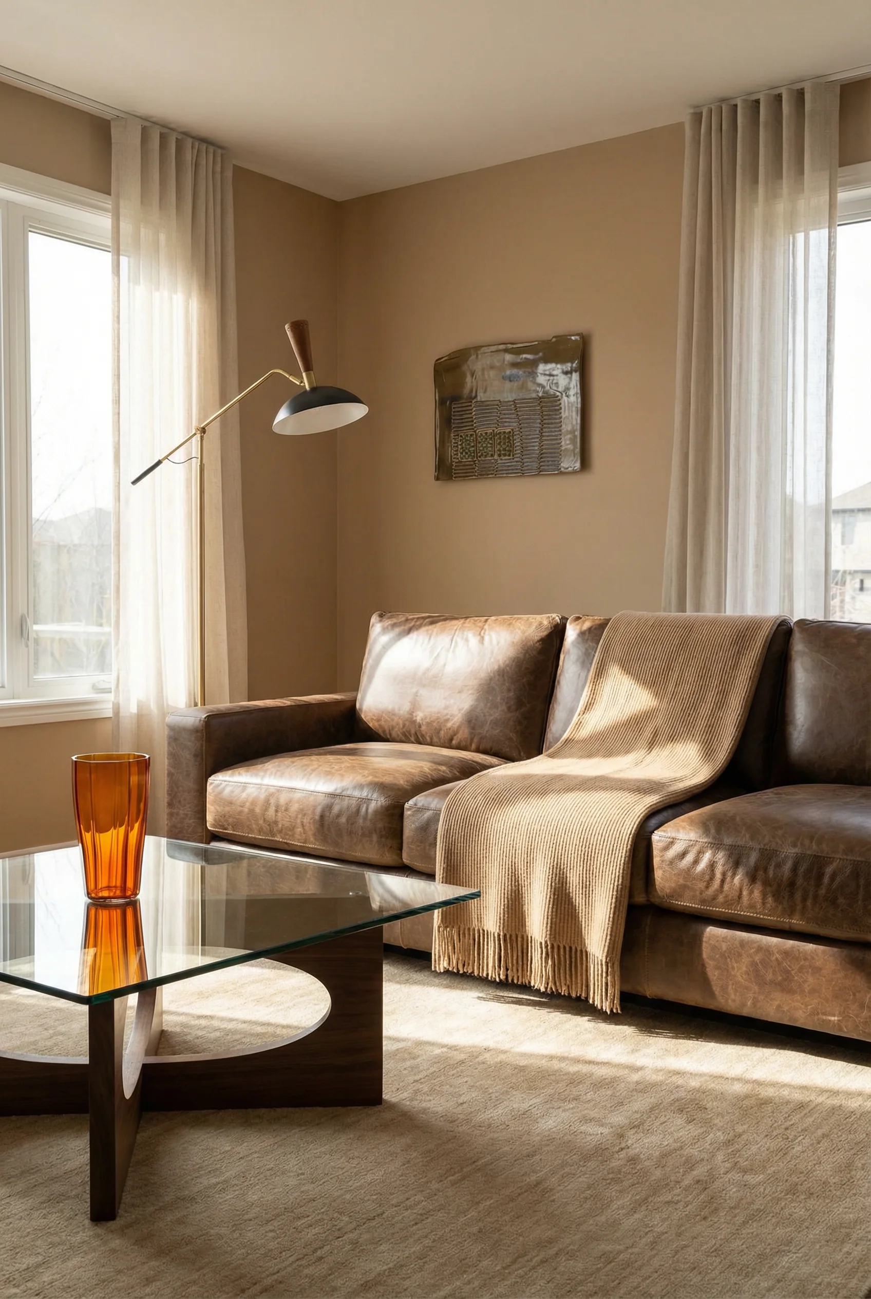 Mid Century Modern Living Room featuring Bernhardt Dawkins Leather Sofa with Exquisite Rugs Sanctuary Area Rug