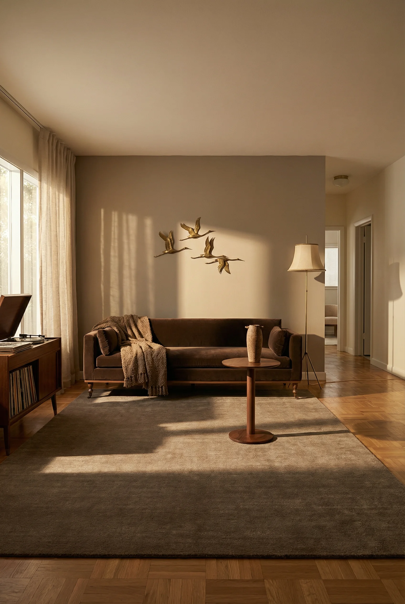 Mid Century Modern Living Room featuring Four Hands Harlin Sofa with Exquisite Rugs Sanctuary Area Rug