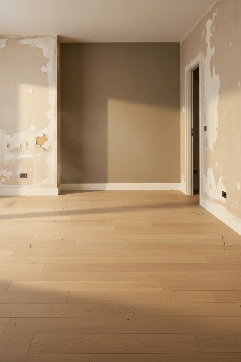 Neutral modern bedroom featuring tan upholstered bed with oak dresser and warm textiles empty room