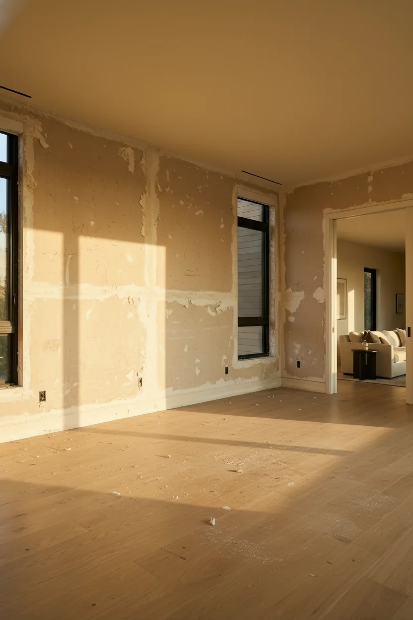 Neutral modern bedroom featuring ivory button-tufted bed with warm oak nightstand and golden hour light empty room