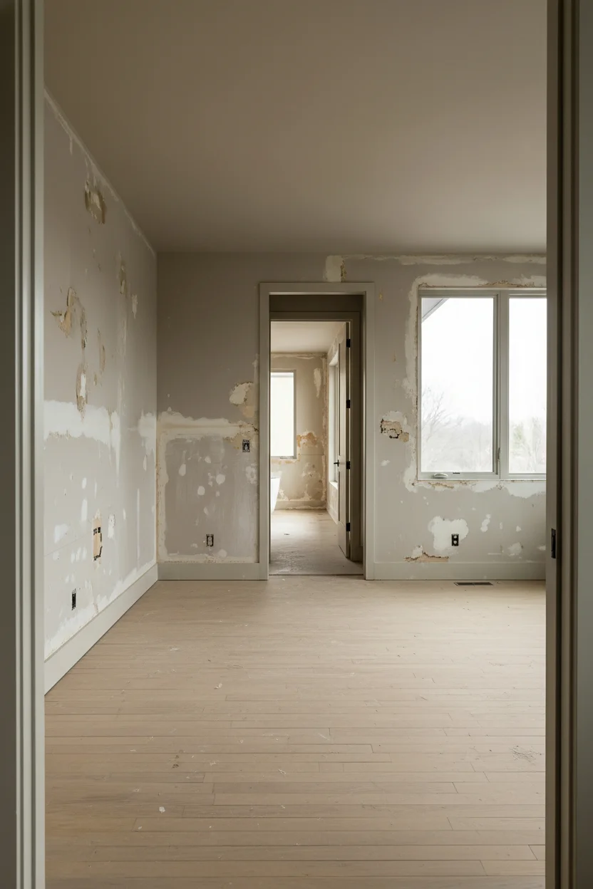 Neutral modern bedroom featuring ivory linen upholstered bed with warm greige walls empty room