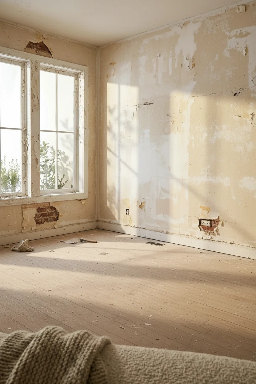 Neutral modern bedroom featuring tan driftwood upholstered bed with warm oak nightstand and rattan floor lamp empty room