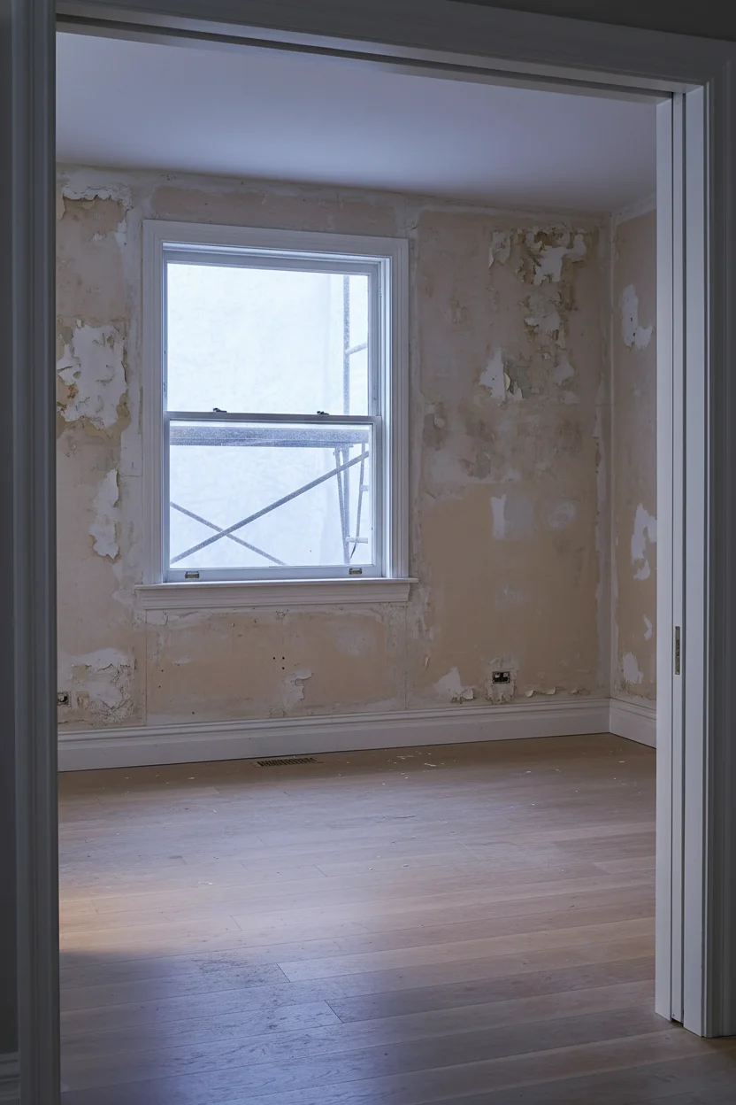 Neutral modern bedroom featuring tan woven panel bed with warm grey floor lamp empty room