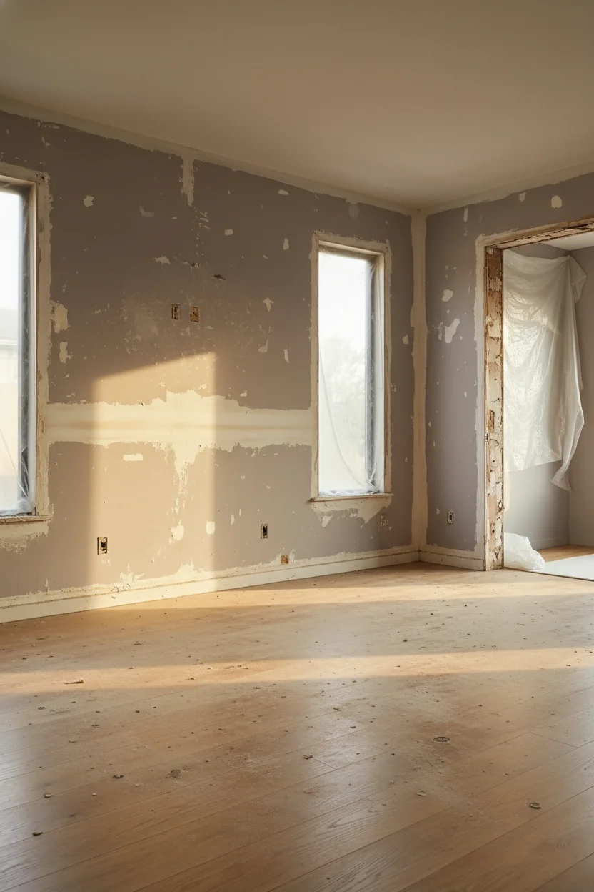 Neutral modern bedroom featuring ivory upholstered bed with layered textiles and warm lighting empty room