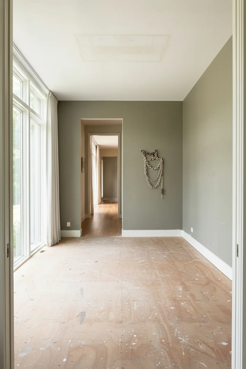 Neutral modern bedroom featuring grey boucle canopy bed with tan wool rug and textural accents empty room