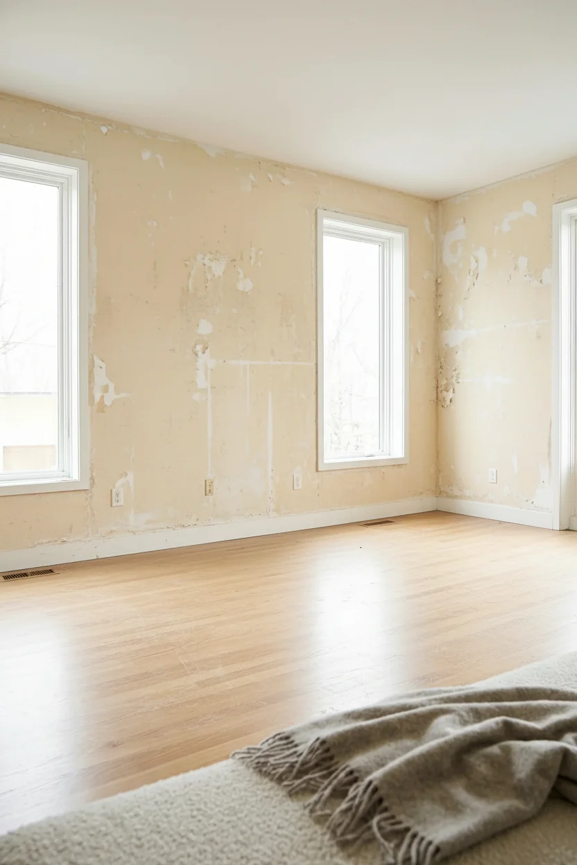 Neutral modern bedroom featuring mixed wood tones with tan upholstered bed and warm walnut dresser empty room