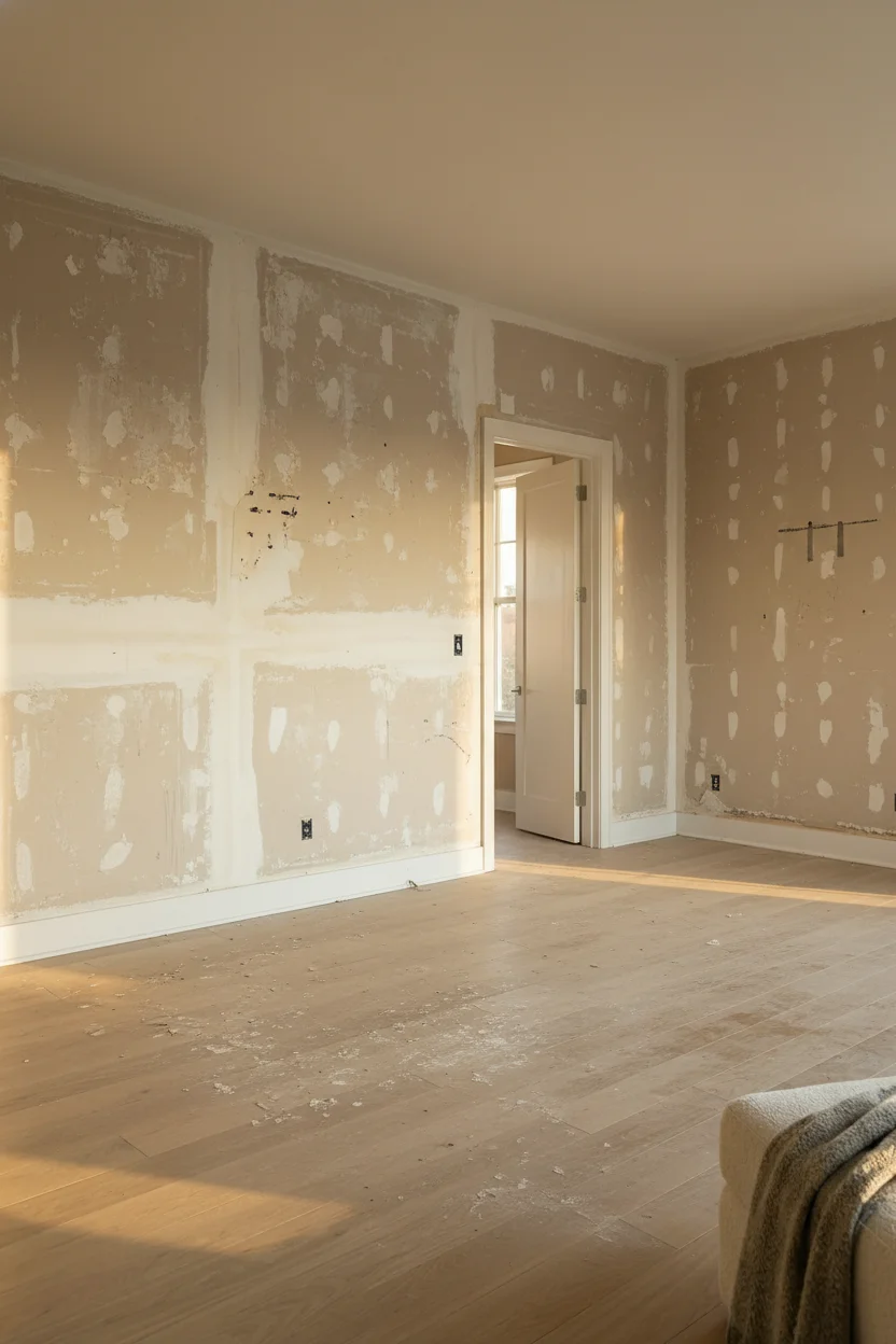 Neutral modern bedroom featuring ivory wood sleigh bed with mixed wood tones and warm neutral palette empty room