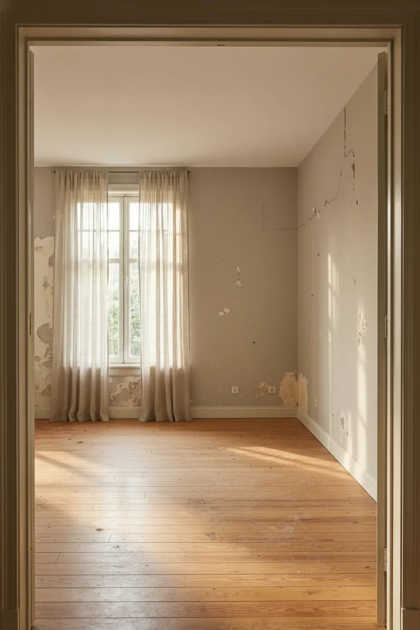 Neutral modern bedroom featuring white oak bed frame with mixed walnut and oak furniture tones empty room