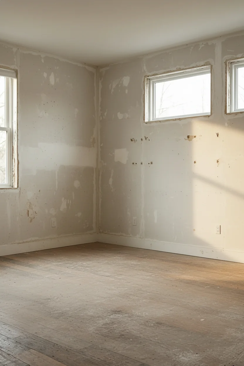 Neutral modern bedroom featuring tan linen bed with warm 2700K layered sculptural lamps empty room