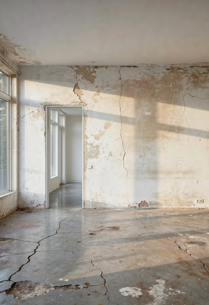 Neutral modern bedroom featuring layered warm lighting with ivory linen bed and amber glass table lamp empty room