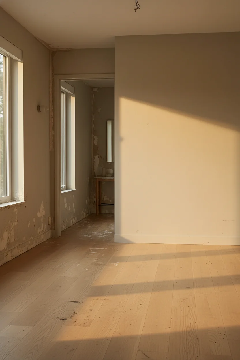 Neutral modern bedroom featuring tan upholstered bed with warm golden hour lighting empty room