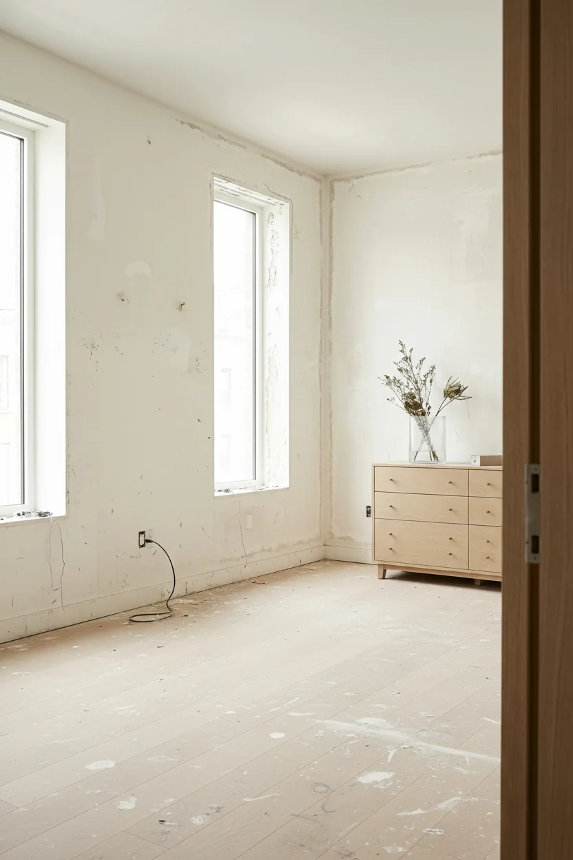 Neutral modern bedroom featuring ivory oak panel bed with statement headboard empty room