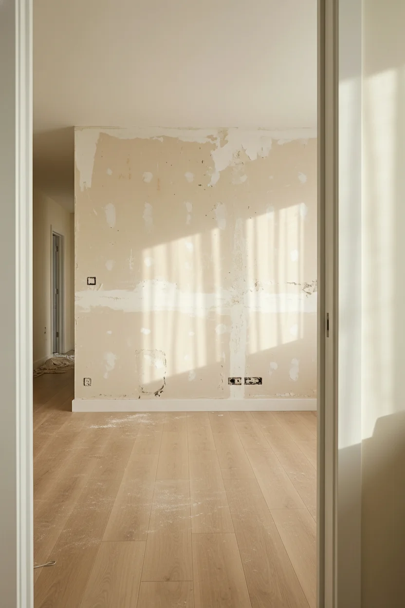 Neutral modern bedroom featuring tan upholstered bed with extended headboard and warm wood nightstand empty room