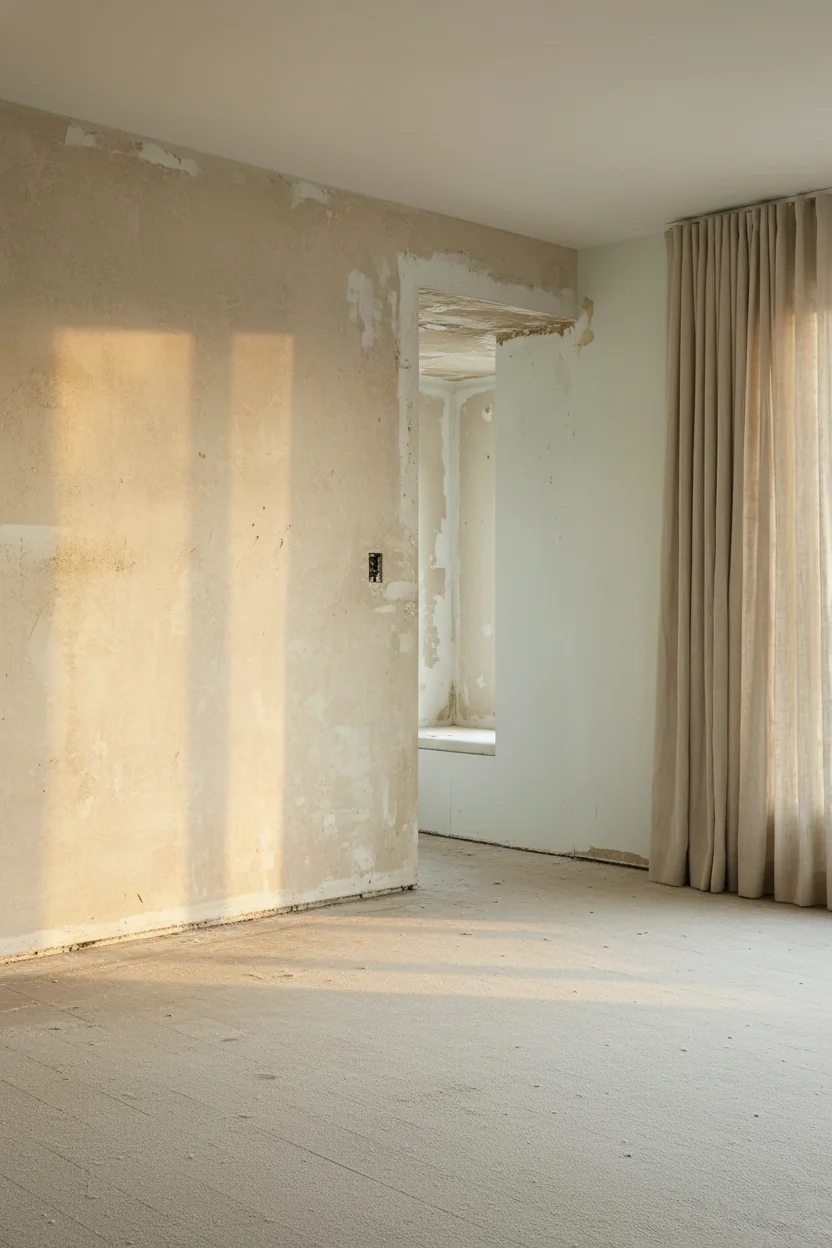 Neutral modern bedroom featuring ivory sleigh bed with limewash textured walls and natural linen curtains empty room