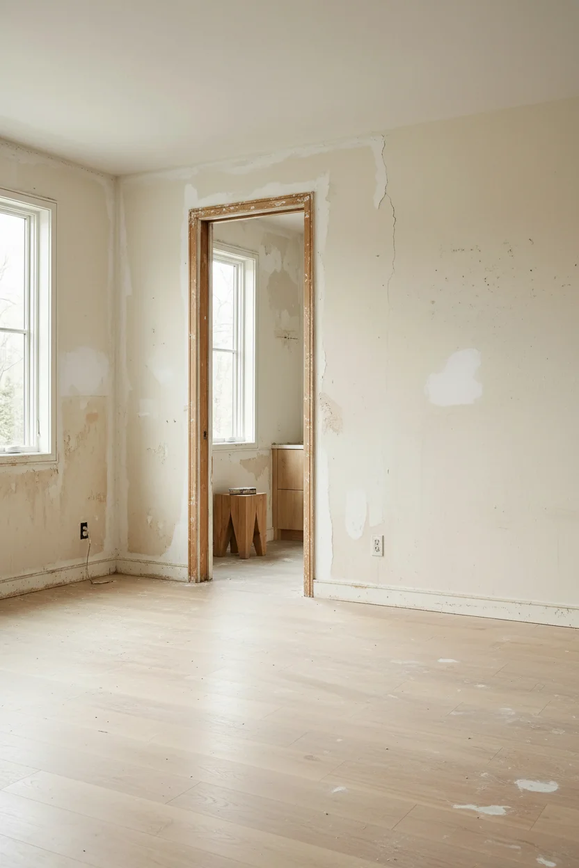Neutral modern bedroom featuring grey birch upholstered bed with lush greenery and natural touches empty room