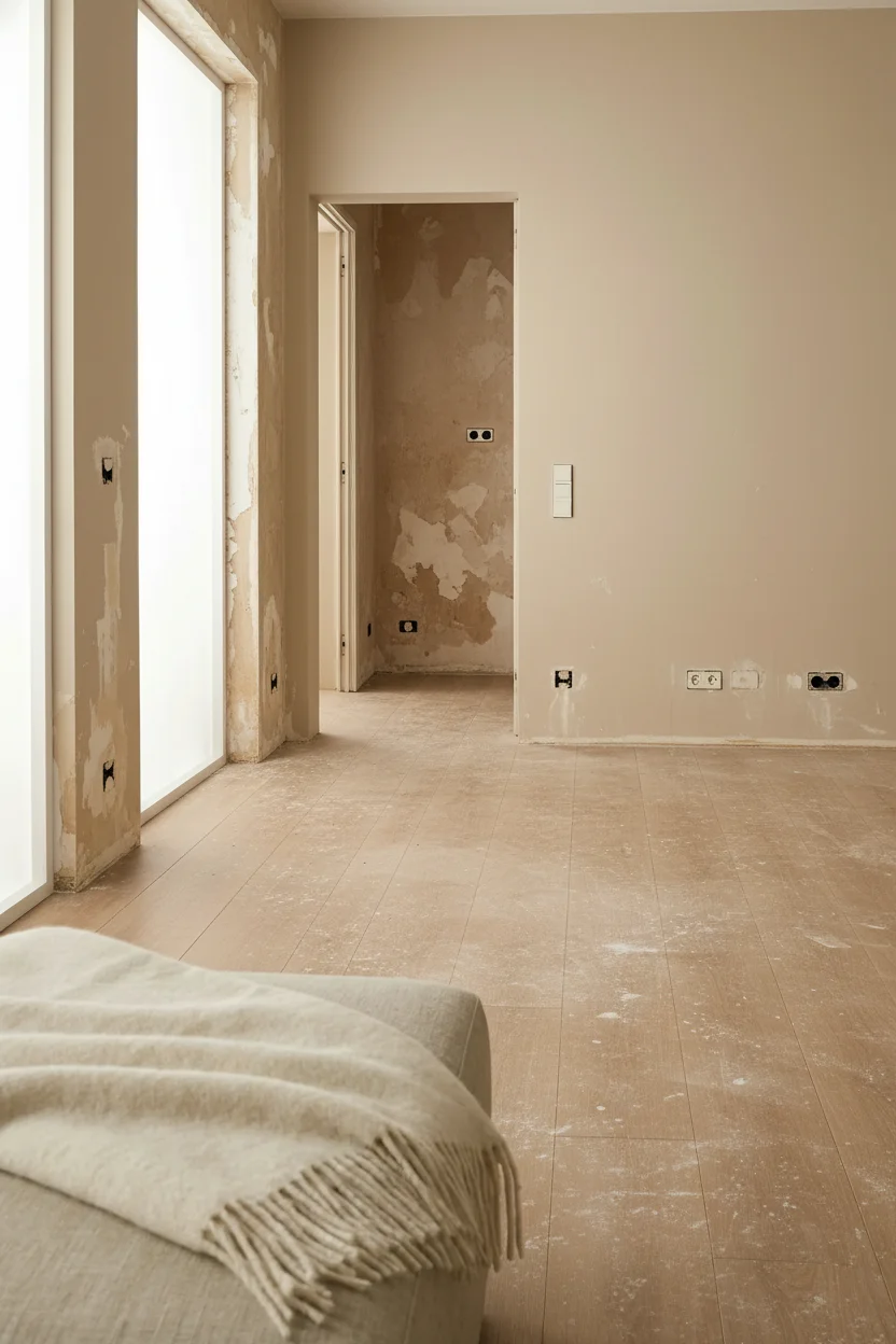 Neutral modern bedroom featuring tan upholstered bed with cozy textured layers for sound absorption empty room