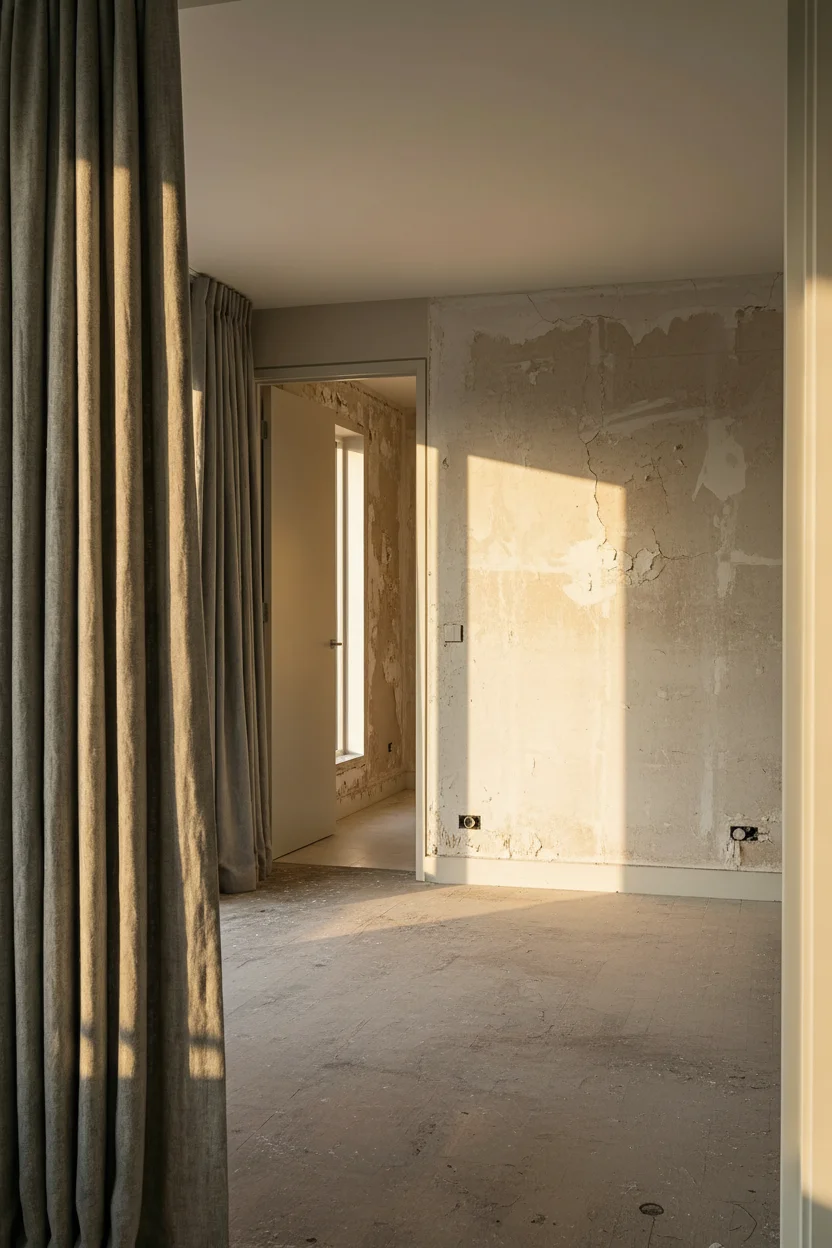 Neutral modern bedroom featuring grey linen upholstered bed with sound-absorbing textiles and layered soft materials empty room