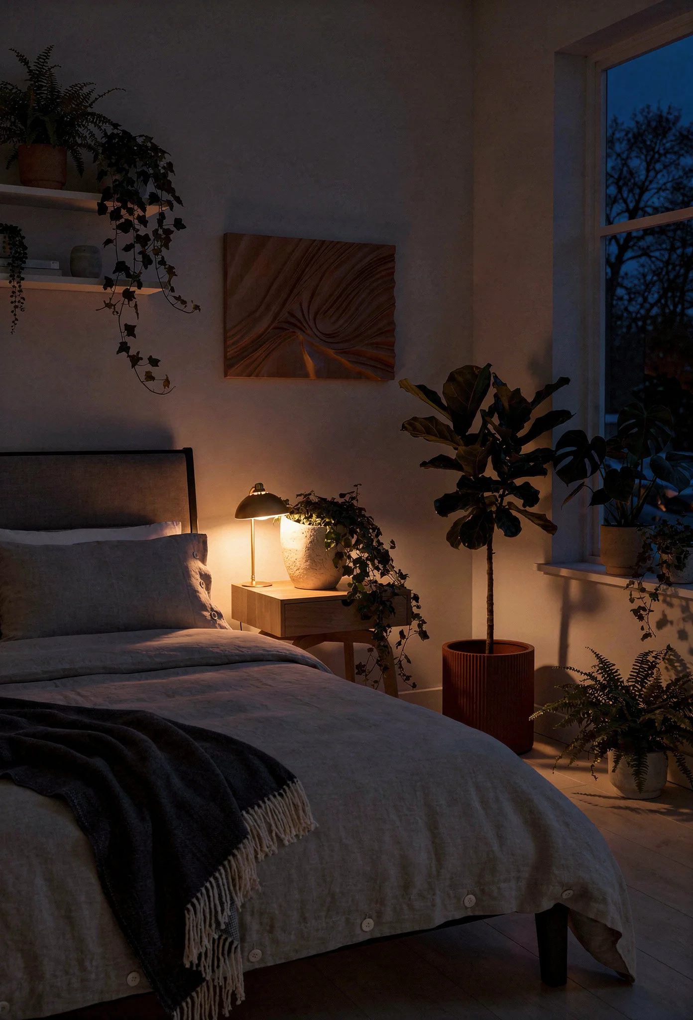 Neutral modern bedroom featuring grey birch upholstered bed with ivory stoneware planter and biophilic greenery evening mood