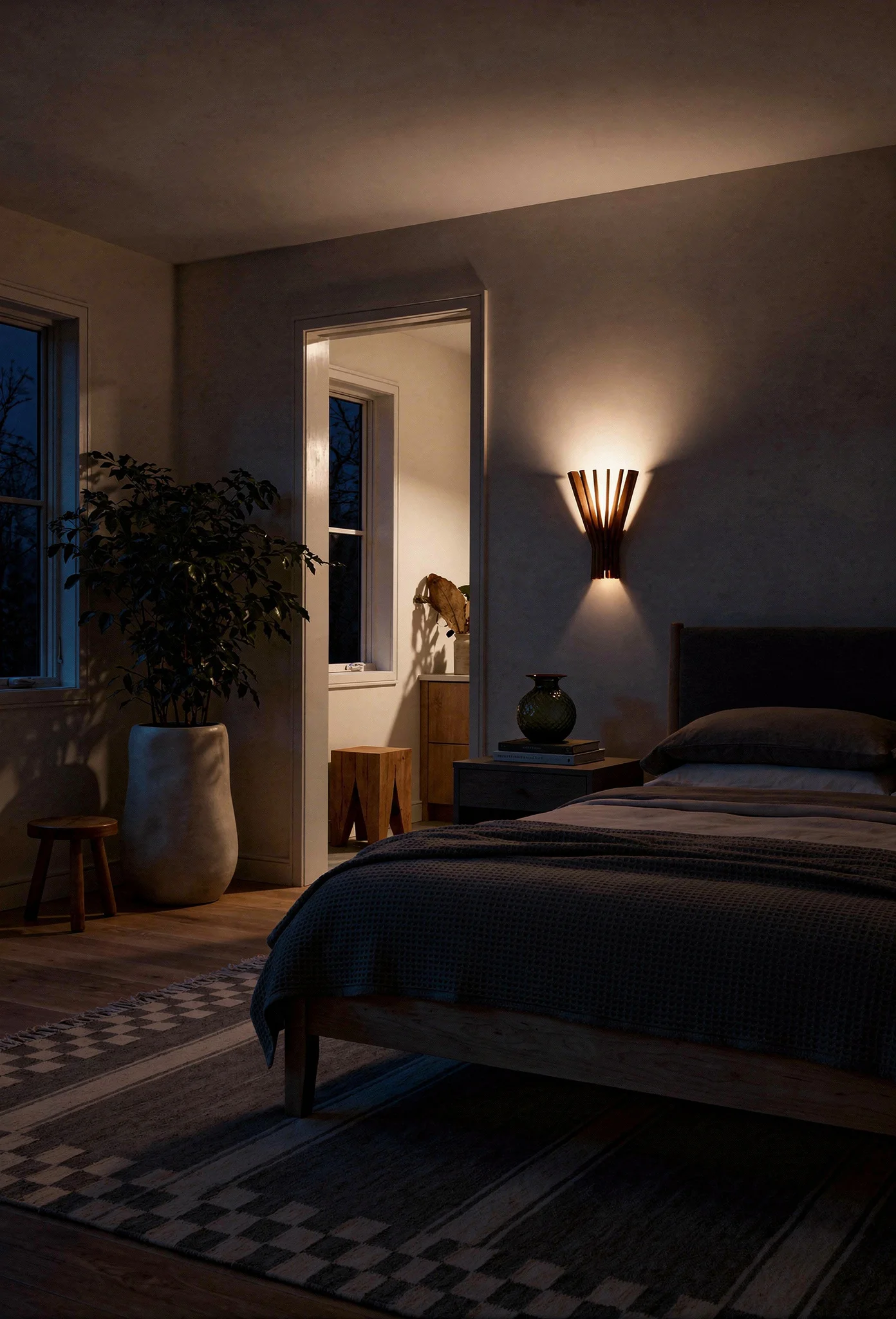 Neutral modern bedroom featuring grey birch upholstered bed with lush greenery and natural touches evening mood