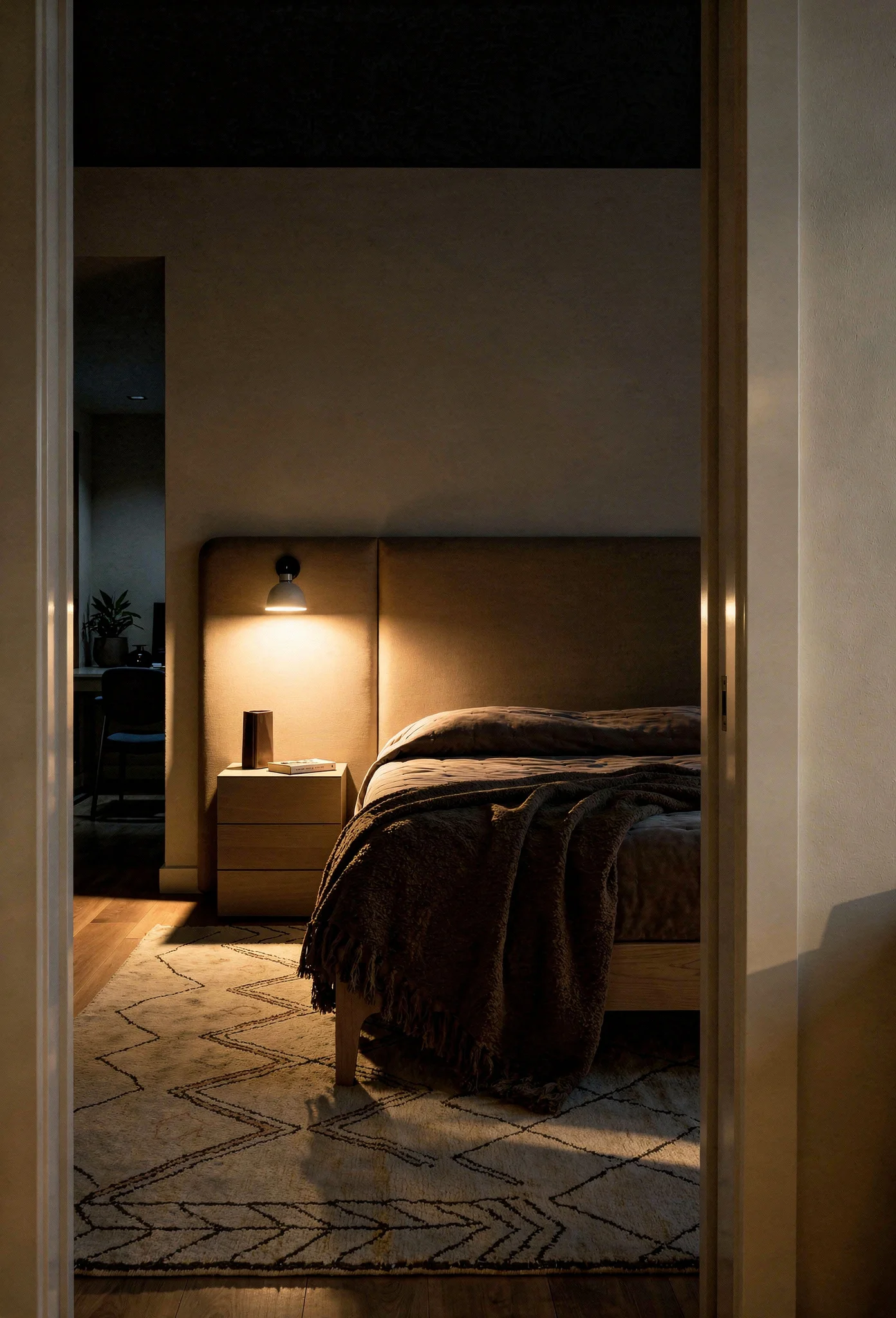 Neutral modern bedroom featuring tan upholstered bed with extended headboard and warm wood nightstand evening mood