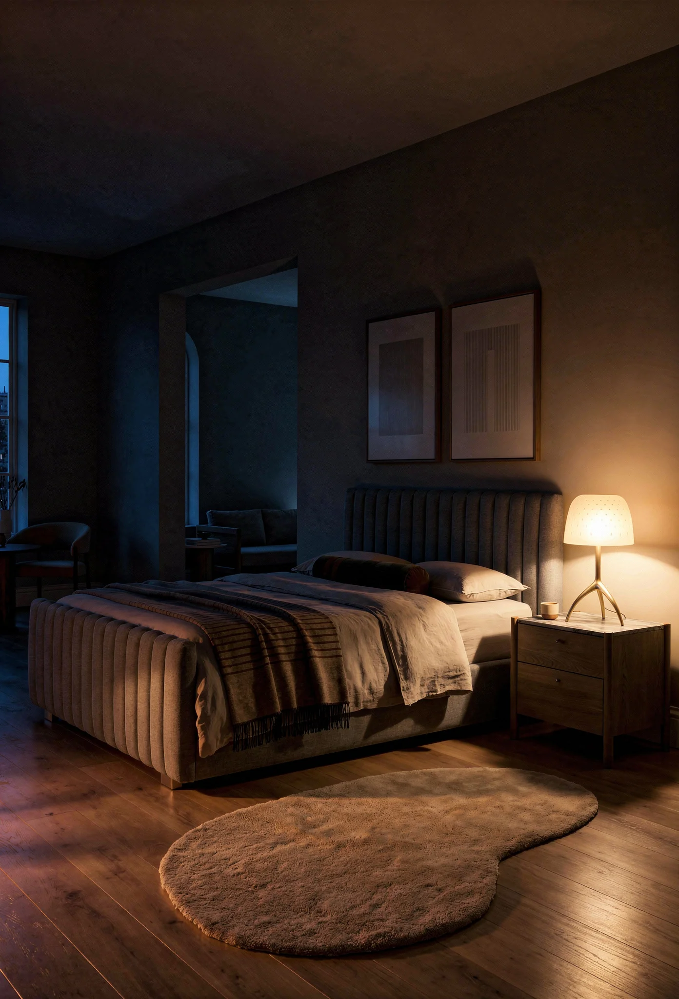 Neutral modern bedroom featuring grey wood panel bed with tan wool geometric area rug evening mood